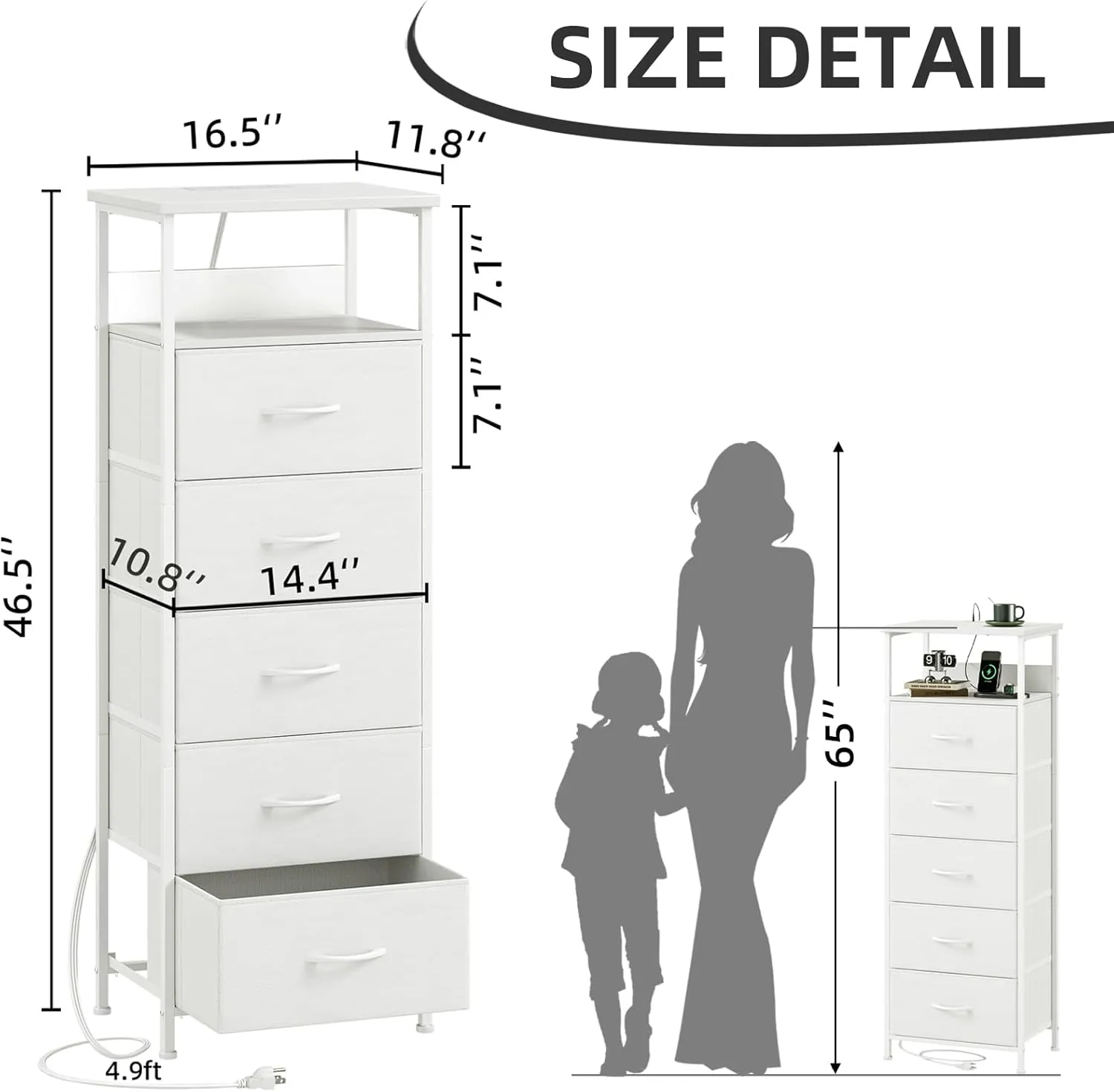 Somdot White Nightstand with Charging Station and LED Light for Bedroom, Tall 5 Drawers Dresser with Fabric Bins for Bedside Kids Dorm Room Closet Laundry Entryway, White Leather