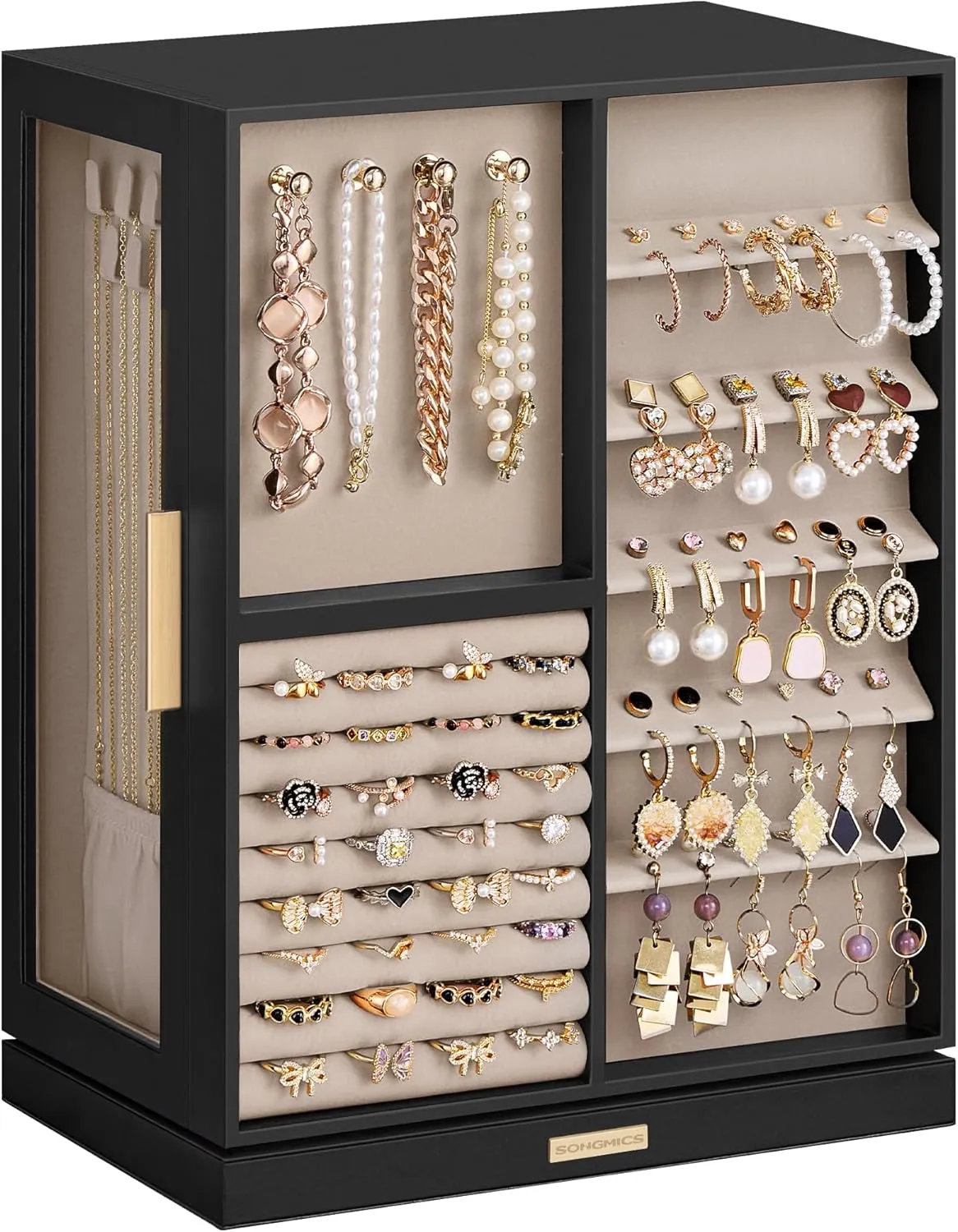 SONGMICS Jewelry Box 360° Rotating, Jewelry Storage Case with 7 Drawers, Jewelry Organizer, Glass Window, Spacious, Vertical Jewelry Storage, Open Design, Great Gift, Ink Black UJBC201B01