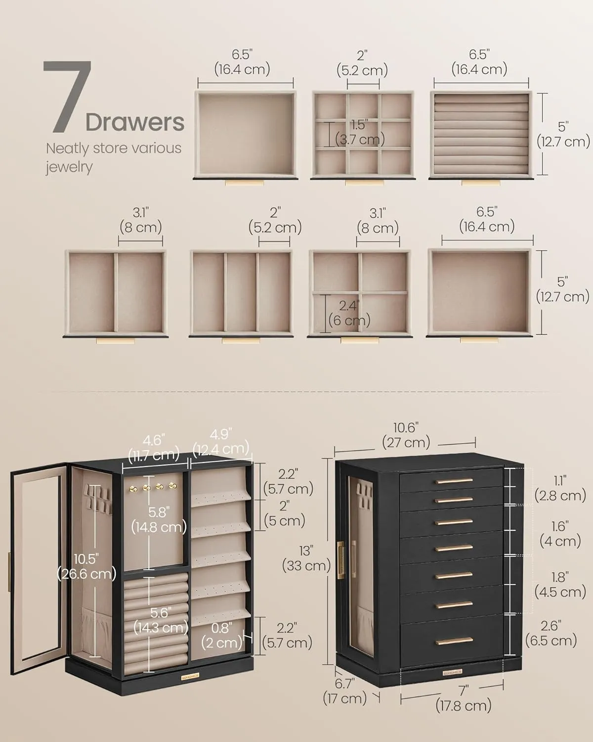 SONGMICS Jewelry Box 360° Rotating, Jewelry Storage Case with 7 Drawers, Jewelry Organizer, Glass Window, Spacious, Vertical Jewelry Storage, Open Design, Great Gift, Ink Black UJBC201B01