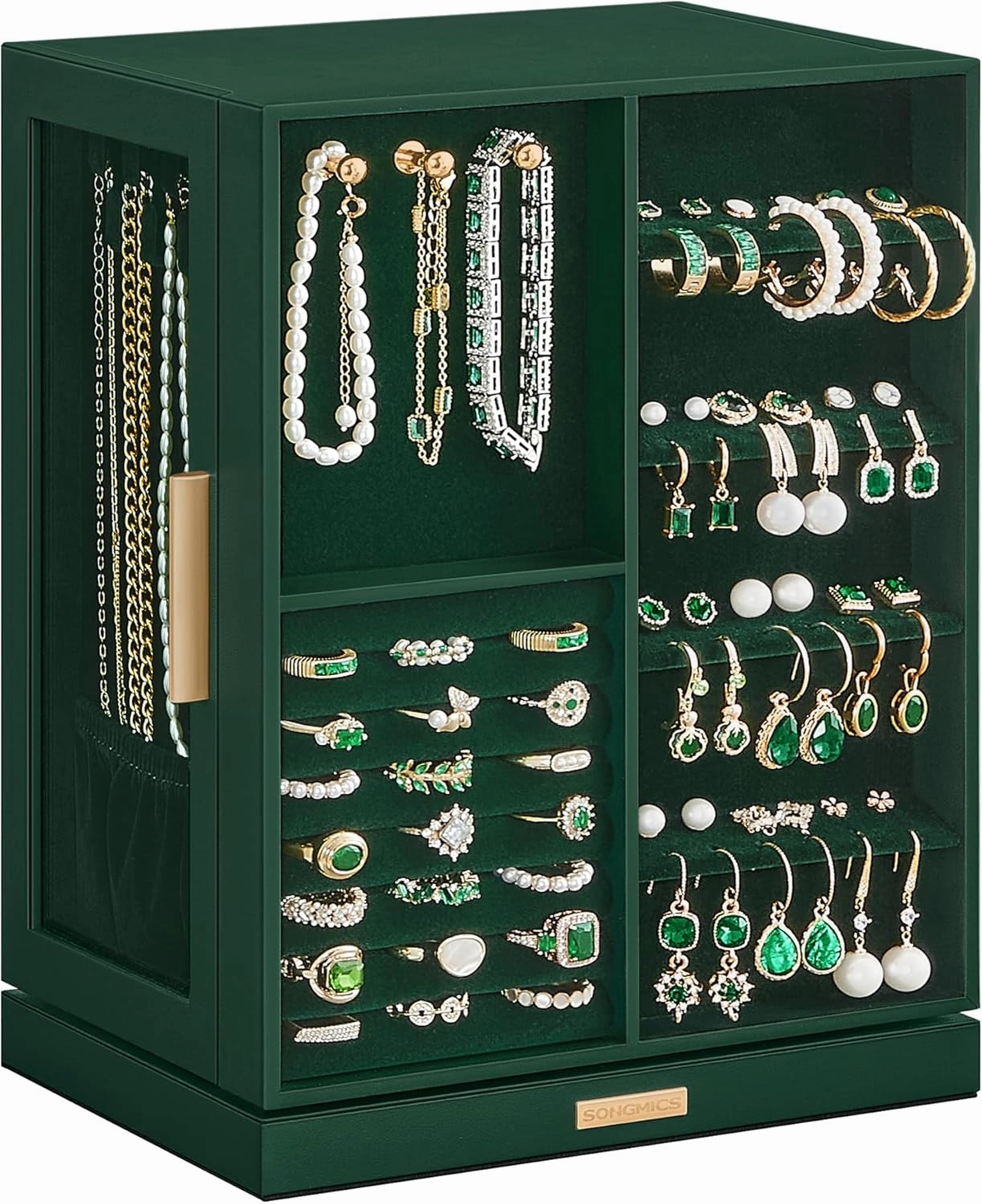 SONGMICS Jewelry Box 360° Rotating, Jewelry Storage Case with 5 Drawers, Jewelry Organizer, Glass Window, Spacious, Vertical Jewelry Storage, Open Design, Great Gift, Forest Green UJBC170C01