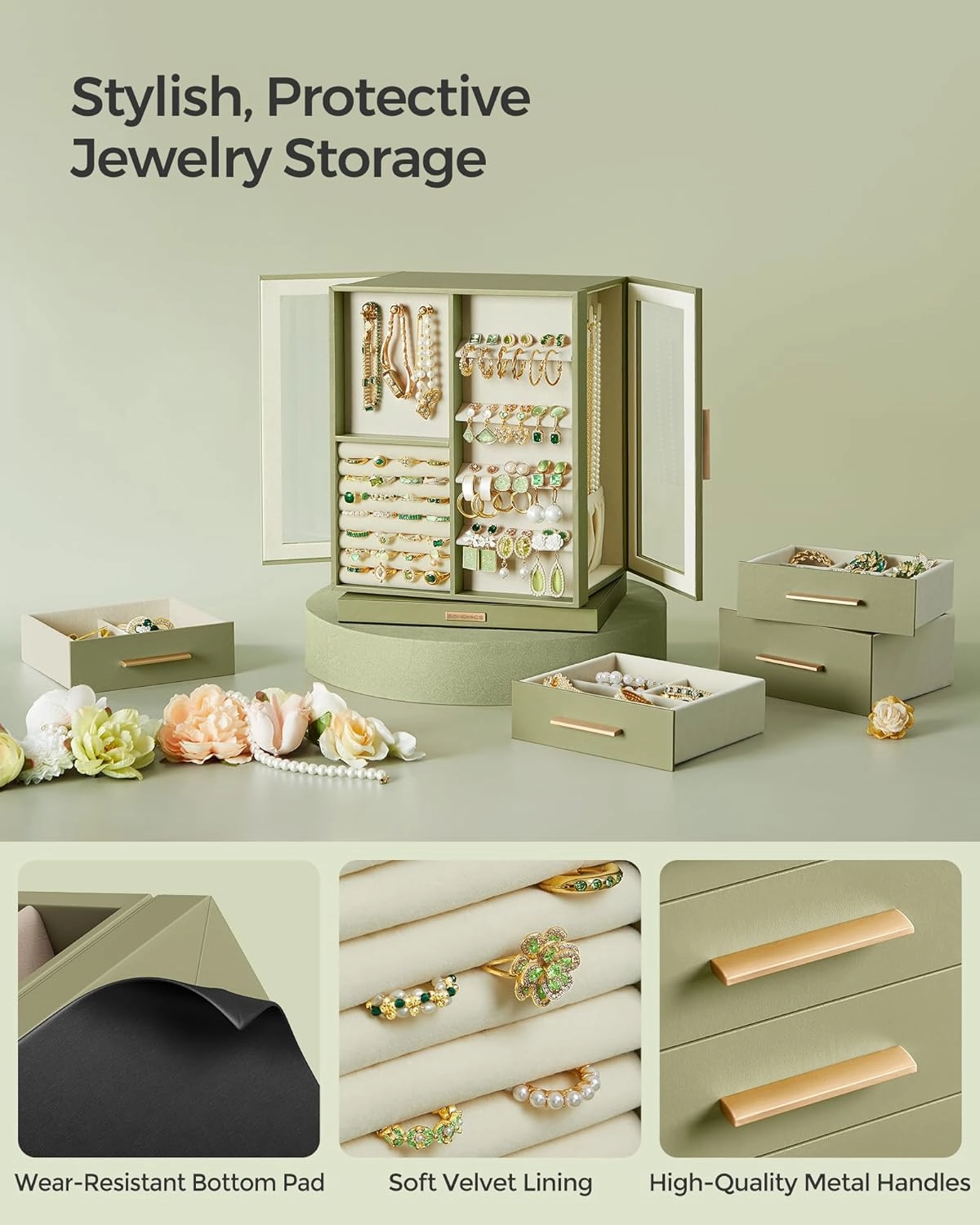 SONGMICS Jewelry Box 360° Rotating, Jewelry Storage Case with 5 Drawers, Jewelry Organizer, Glass Window, Spacious, Vertical Jewelry Storage, Open Design, Great Gift, Laurel Green UJBC170C02