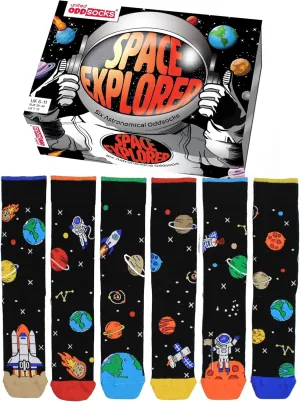 Space Explorer Gift Box for Men – 6 Mismatched Galaxy-Themed Socks – Rockets, Planets & Stars – 15 Mix & Match Combos – US 7-12 – Cotton Rich Socks