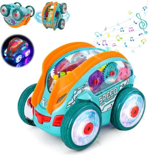 Speedlite Dynamic Gear-Powered Car with Led Lights, 360° Rotation Transparent Light up car with Colorful Moving Gears & Music, Luminous ToyCar for Kids, Bump and Go Cars for Boys Girls
