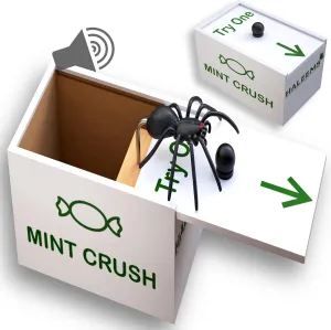 Spider in A Box Prank Gift - Scary Laugh Sound, Wooden Scare Box With Fun Fake Gag Candy for Kids Jokes, Trick Pranks for Adults