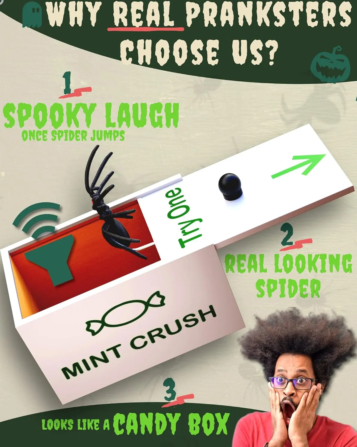 Spider in A Box Prank Gift - Scary Laugh Sound, Wooden Scare Box With Fun Fake Gag Candy for Kids Jokes, Trick Pranks for Adults