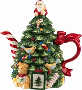 Spode Christmas Tree Figural Teapot - Festive 27 oz Christmas Teapot with Mistletoe Accents, Peppermint Stripe Spout, and Ribbon Handle - Decorative Dolomite Tea Pot for Holiday Tea Parties
