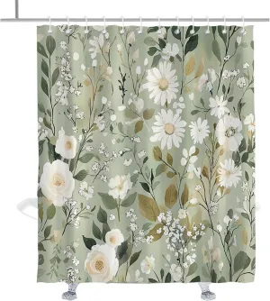 Spring Floral Shower Curtain Colorful Daisy Rose Leaves Boho Shower Curtains Set Farmhouse Bohemian Summer Colorful Flower Bathroom Decor with Hooks 72" W x 84" H