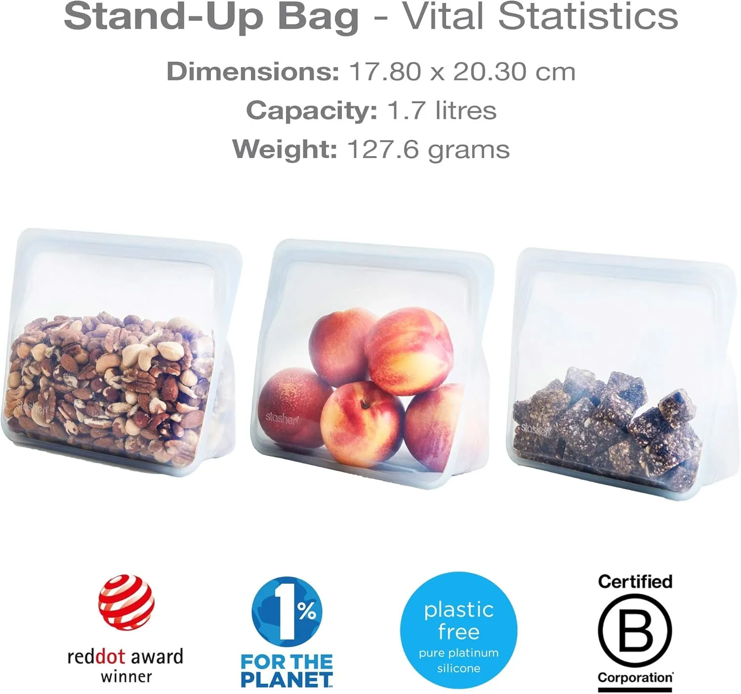 Stasher Re-Usable Food-Grade Platinum Silicone Stand Up Bag for Eating from/Cooking, Freezing and Storing in/Organising/Travelling, 17.80 x 20.30 cm/1.65 Litre/56 Fluid Ounces, Clear