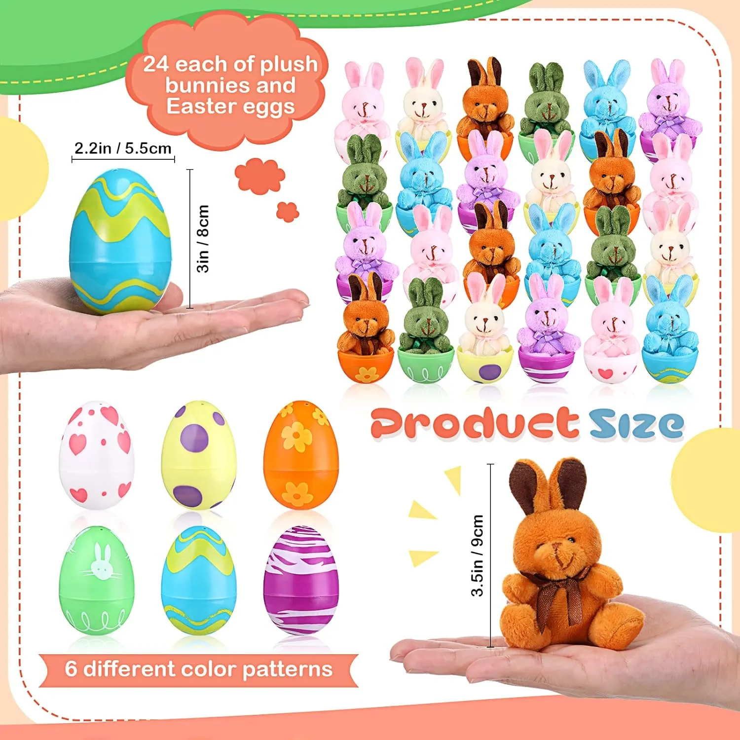 Sumind 48 Pieces Easter Eggs DIY Prefilled with Plush Animals, 3 Inch Plastic Easter Eggs with Stuffed Animals for Easter Party Hunt Game Basket Surprise Bunny Animal Toys(Bunny)