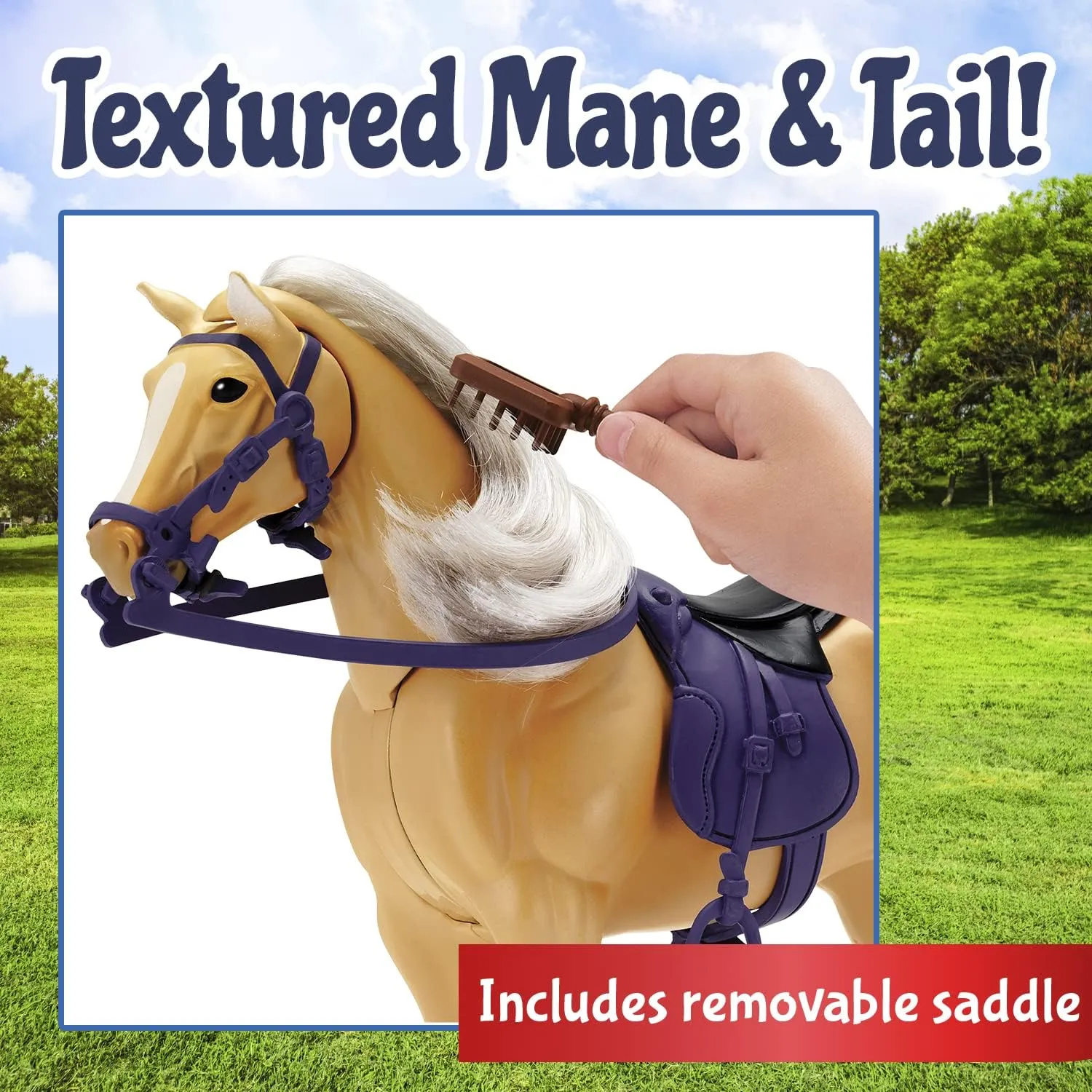 Sunny Days Entertainment Palomino Horse with Moveable Head, Realistic Sound and 14 Grooming Accessories - Blue Ribbon Champions Deluxe Toy Horses
