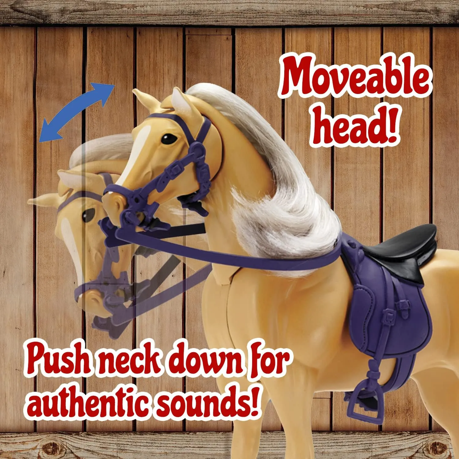 Sunny Days Entertainment Palomino Horse with Moveable Head, Realistic Sound and 14 Grooming Accessories - Blue Ribbon Champions Deluxe Toy Horses