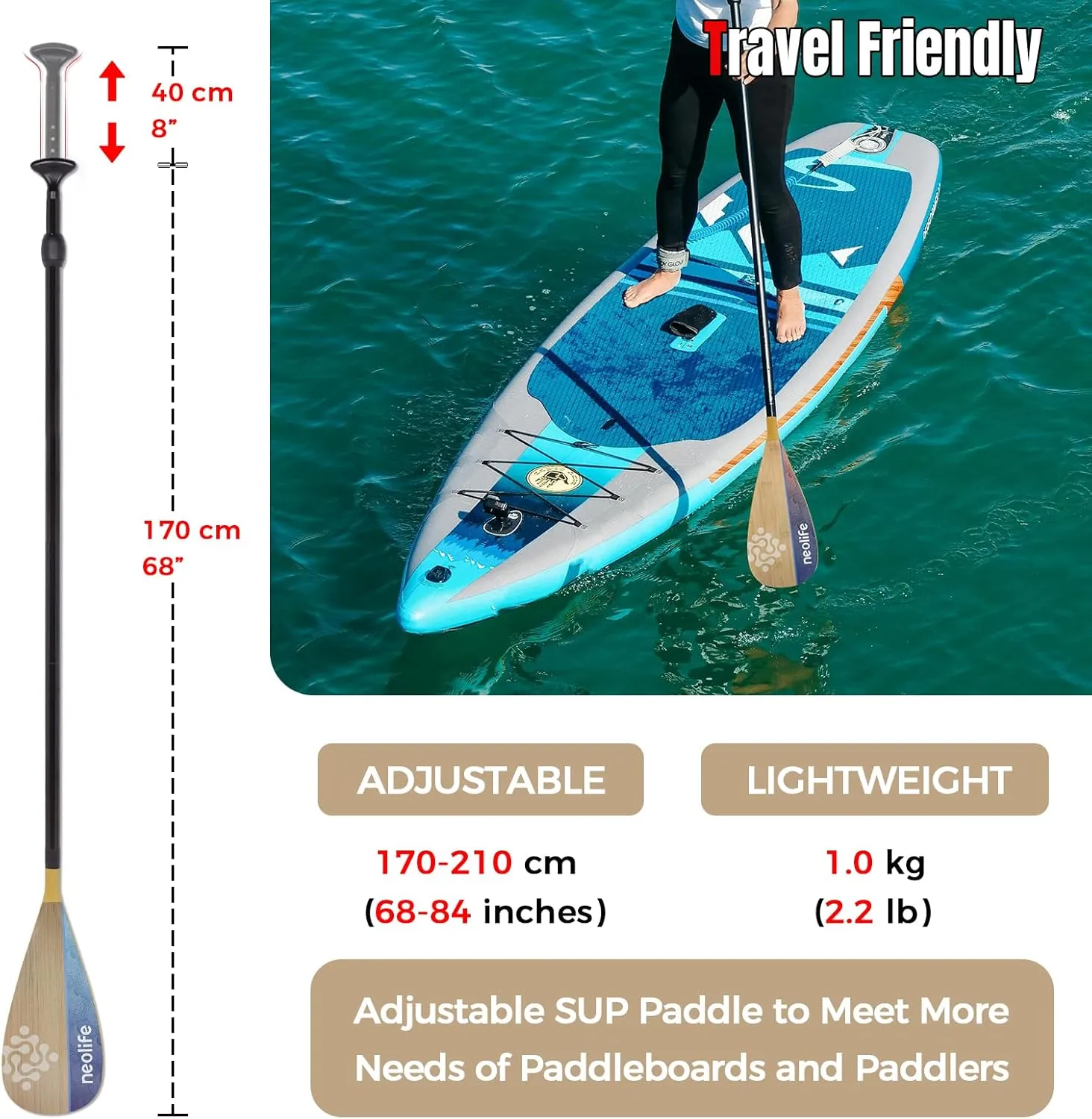 SUP Paddleboard Paddles with Fiberglass Shaft and PP Blade, Floating Adjustable Stand Up Paddle Board Paddle, 170-210 cm/68-84 Inches, Wood Pattern Series