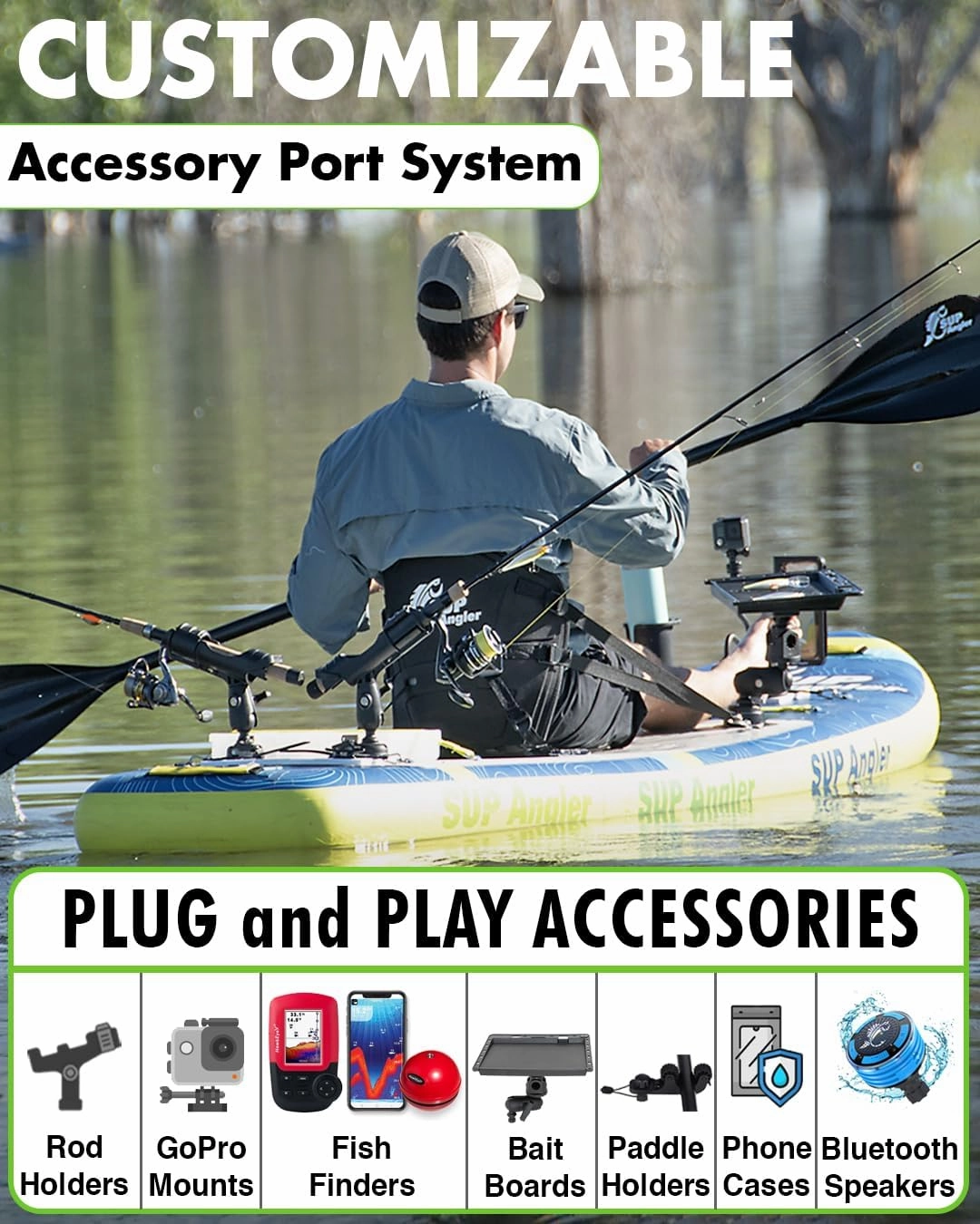 SUP Angler X-Wide Inflatable Fishing Paddle Board with Seat, Choose Accessories Package, Adjustable Fishing Rod Holders, Accessory Ports, Dual Paddle, Quad Bungees, 10'8" X 35"