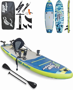 SUP Angler X-Wide Inflatable Fishing Paddle Board with Seat, Choose Accessories Package, Adjustable Fishing Rod Holders, Accessory Ports, Dual Paddle, Quad Bungees, 10'8" X 35"