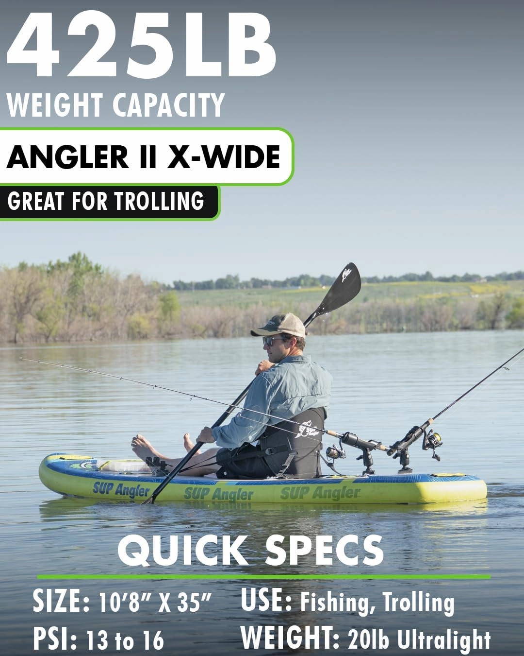 SUP Angler X-Wide Inflatable Fishing Paddle Board with Seat, Choose Accessories Package, Adjustable Fishing Rod Holders, Accessory Ports, Dual Paddle, Quad Bungees, 10'8" X 35"