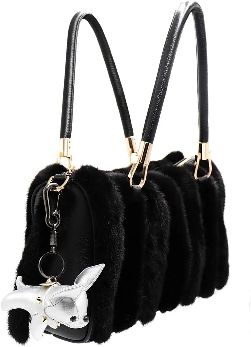 surell Puppy Dog Pleather Keychain with Spike Collar - Animal Lover Bag Purse Charm - Silver Ring Clasp - Fashion Accessory