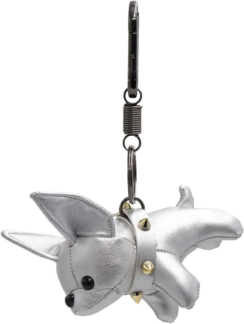 surell Puppy Dog Pleather Keychain with Spike Collar - Animal Lover Bag Purse Charm - Silver Ring Clasp - Fashion Accessory