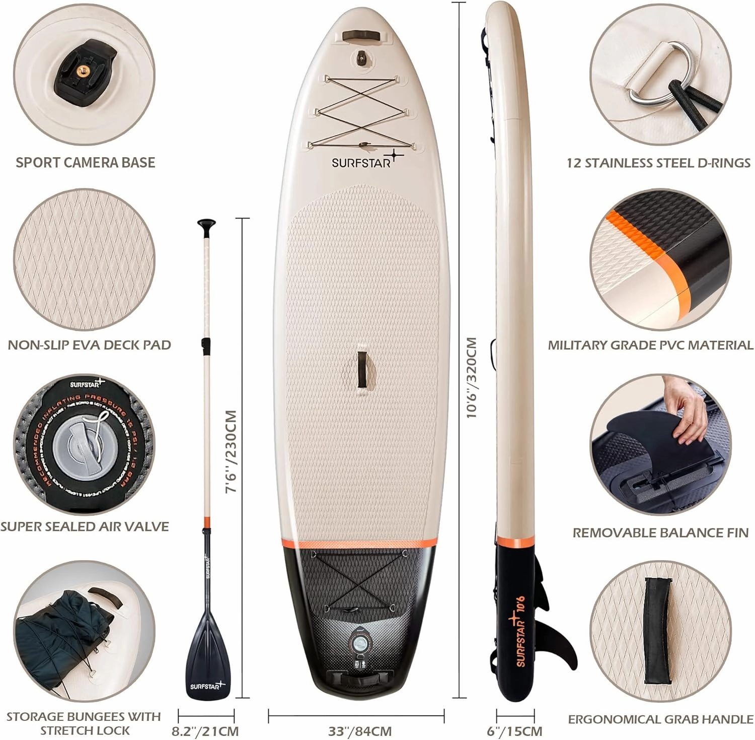 surfstar Inflatable Paddle Board with Camera Mount Fiberglass Paddle, 10'6"x33"x6" Stand Up Paddle Board for Adults, SUP Standing Boat with Sup Accessories and Travel Backpack for All Skill Levels