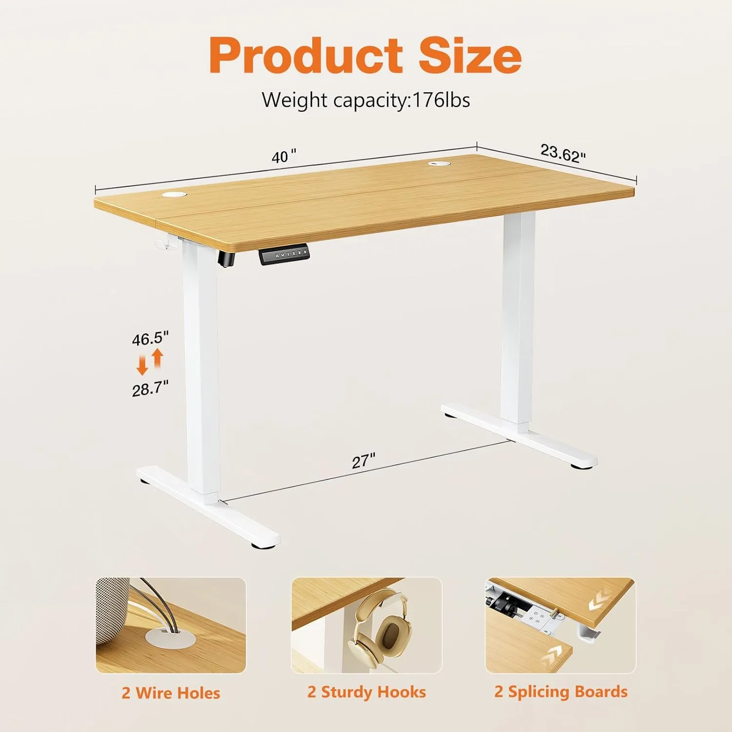 Sweetcrispy Electric Adjustable Height Standing Desk - 40 x 24 inch Sit to Stand Up Desk with Splice Board, Rising Home Office Computer Table with 2 Hook and Wire Hole for Work