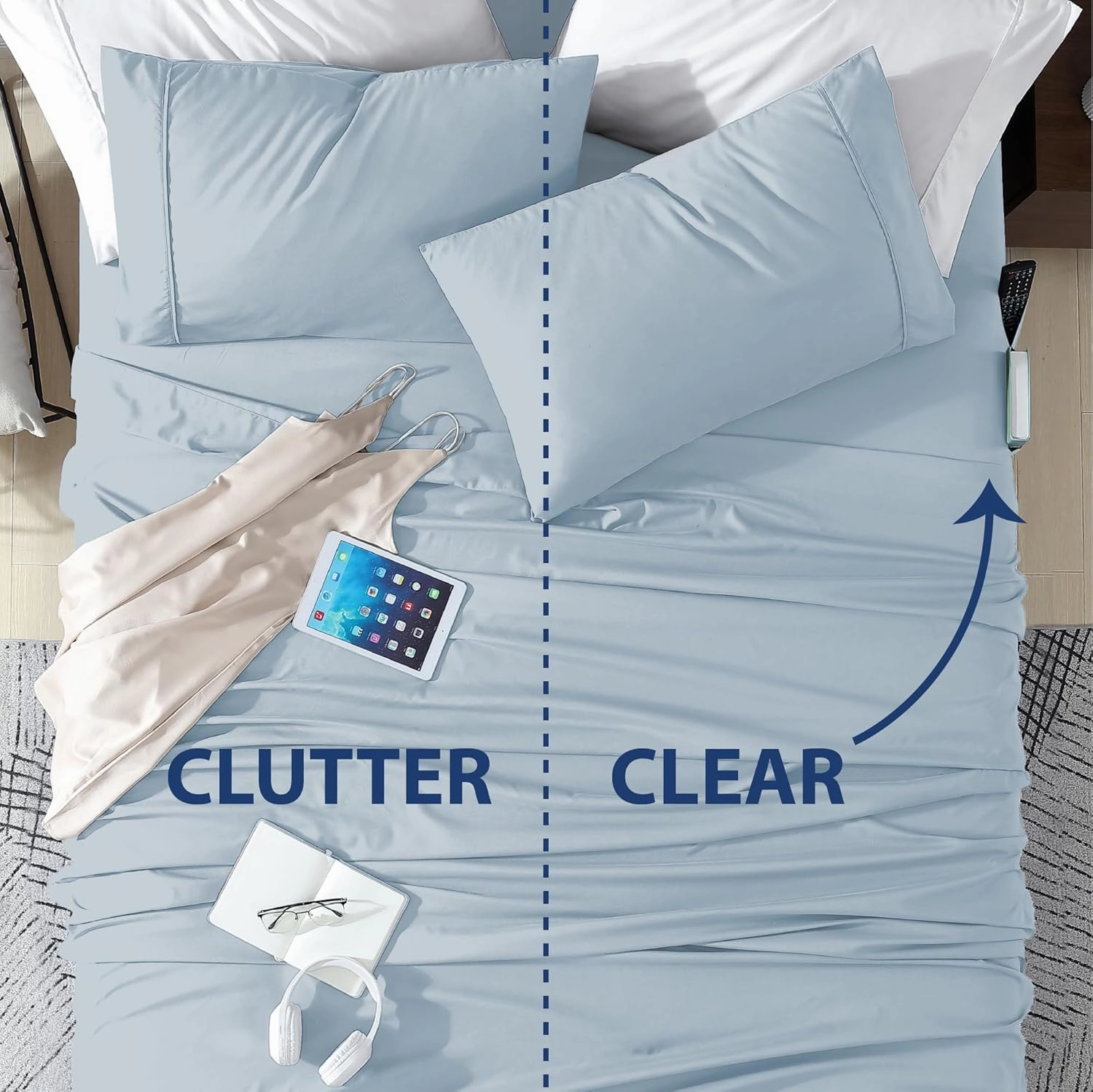 Swift Home Smart Sheets, Ultra Soft Brushed Microfiber 4-Piece Sheet Set, Fitted Bed Sheet with Side Storage Pockets – Blue Fog, King