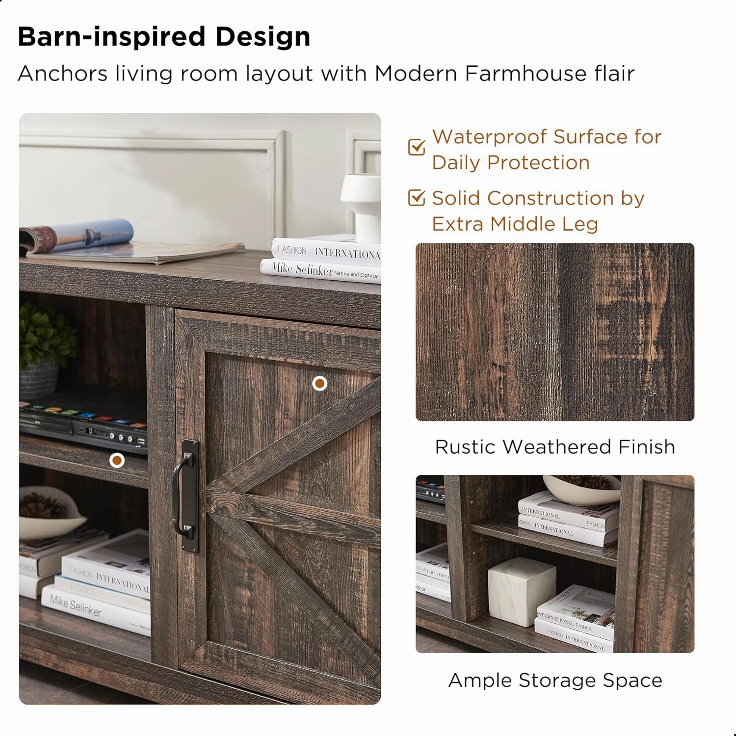 T4TREAM Farmhouse TV Stand for TVs Up to 75 inches, Wood Barn Door Media Television Console Table with Storage Cabinets, Easy Assembly Modern Entertainment Center for Living Room, Dark Rustic Oak