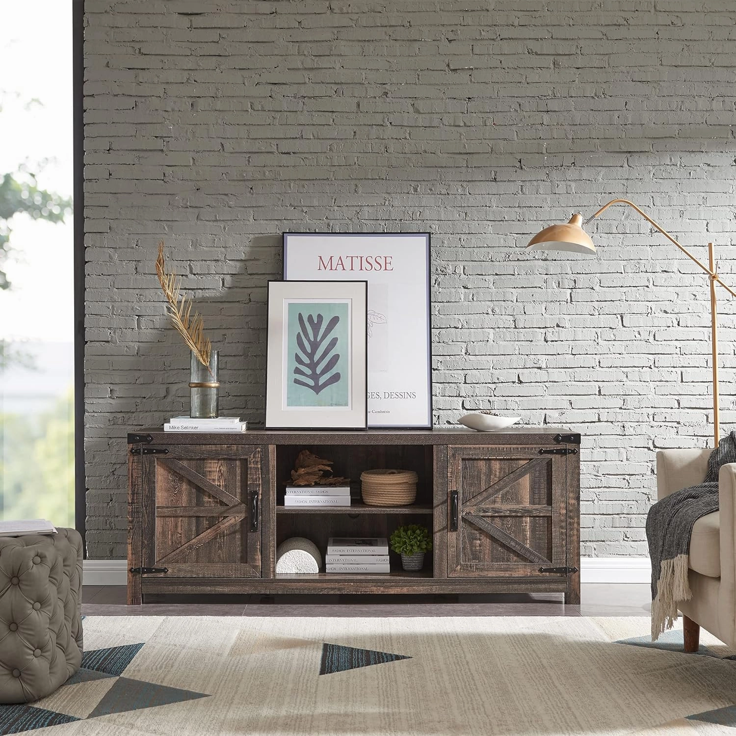 T4TREAM Farmhouse TV Stand for TVs Up to 75 inches, Wood Barn Door Media Television Console Table with Storage Cabinets, Easy Assembly Modern Entertainment Center for Living Room, Dark Rustic Oak