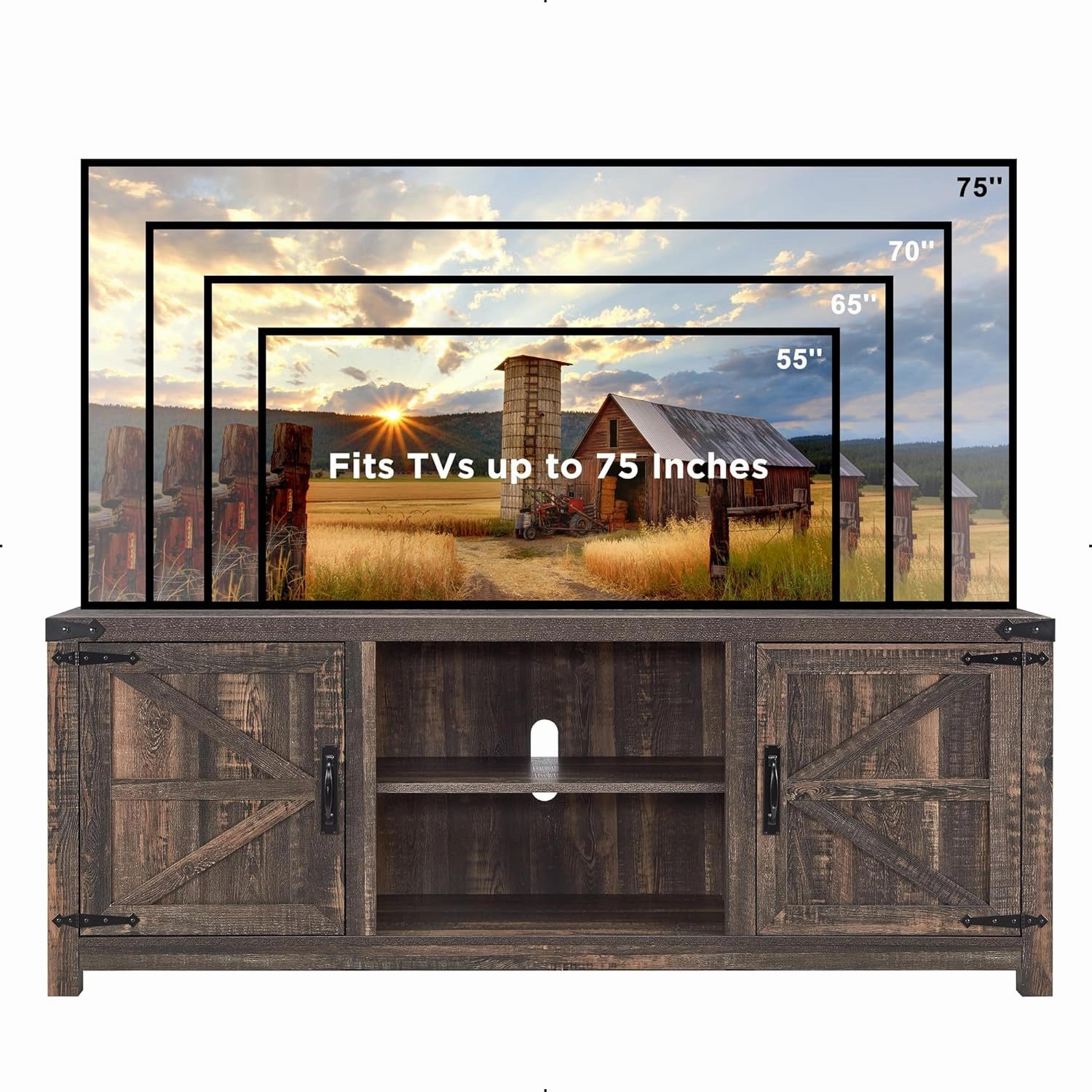 T4TREAM Farmhouse TV Stand for TVs Up to 75 inches, Wood Barn Door Media Television Console Table with Storage Cabinets, Easy Assembly Modern Entertainment Center for Living Room, Dark Rustic Oak