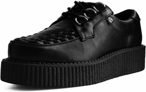 T.U.K. Anarchic Creeper Shoes for Women and Men, Black Faux Leather, Round Toe, Woven Interlace, 3 D-Ring Lace-Up, Twill Lining, Foam Insole, Low Platform, Classic Style, US Women 10 / Men 8