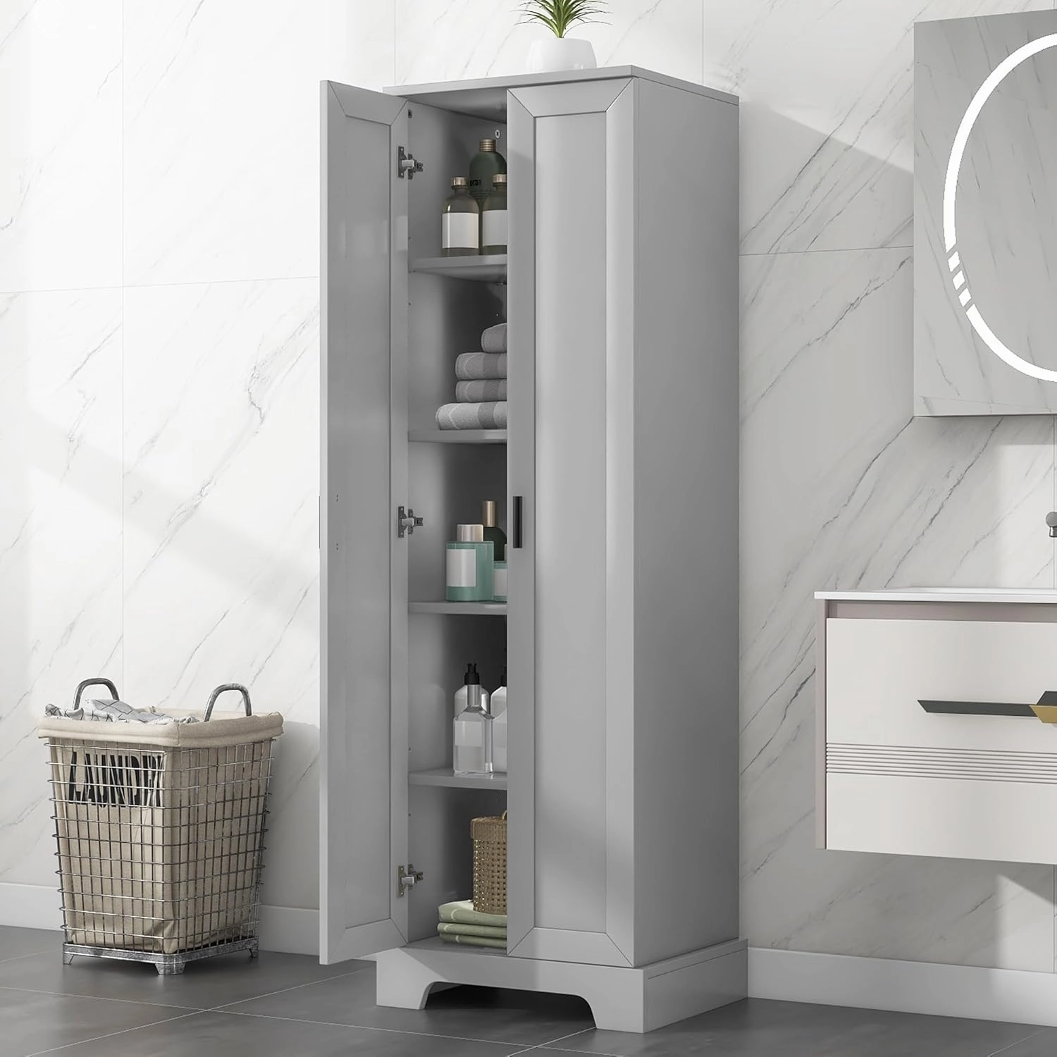 Tall Storage Cabinet, Bathroom Floor Freestanding Storage Cabinet with 2 Doors, 5 Shelves, and Adjustable Shelves for Bathroom, Office, Living Room, Grey