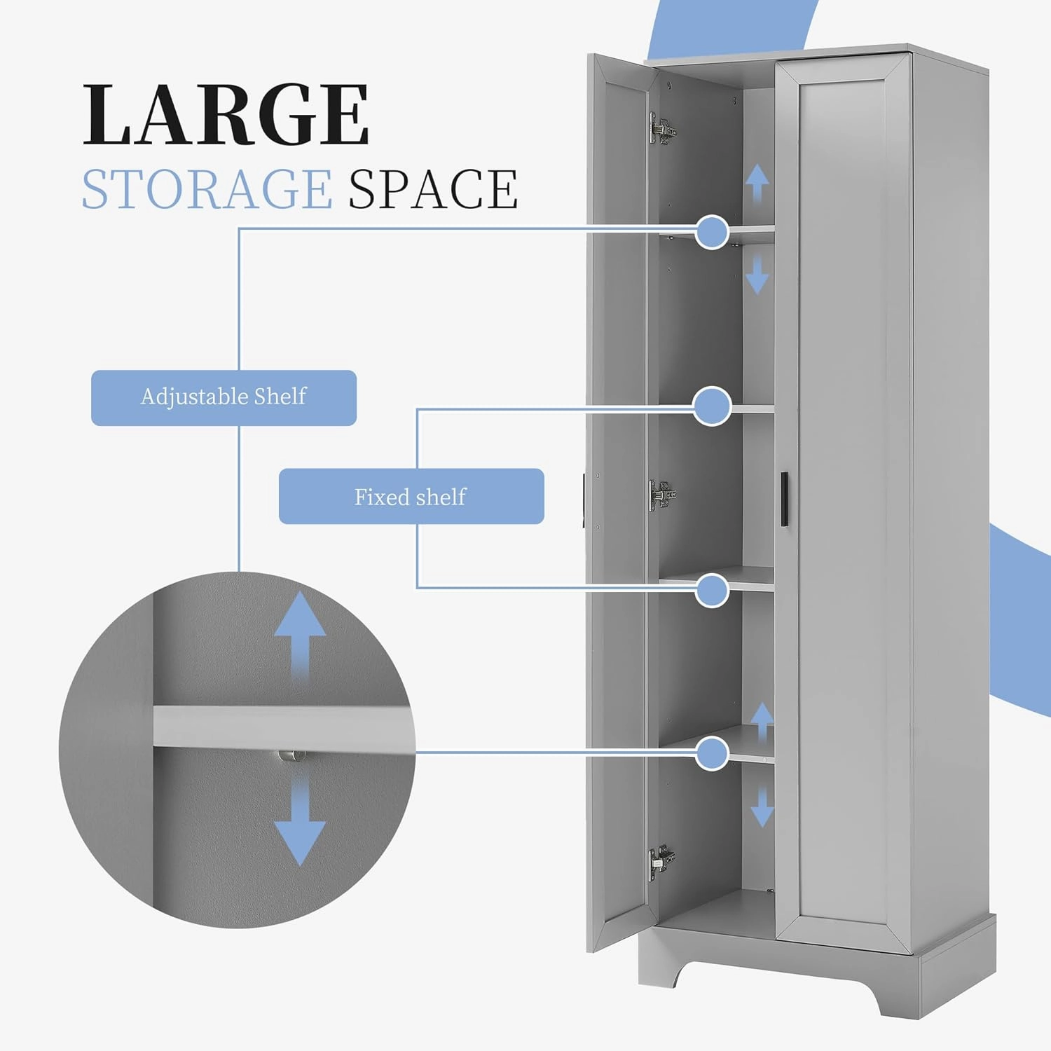 Tall Storage Cabinet, Bathroom Floor Freestanding Storage Cabinet with 2 Doors, 5 Shelves, and Adjustable Shelves for Bathroom, Office, Living Room, Grey