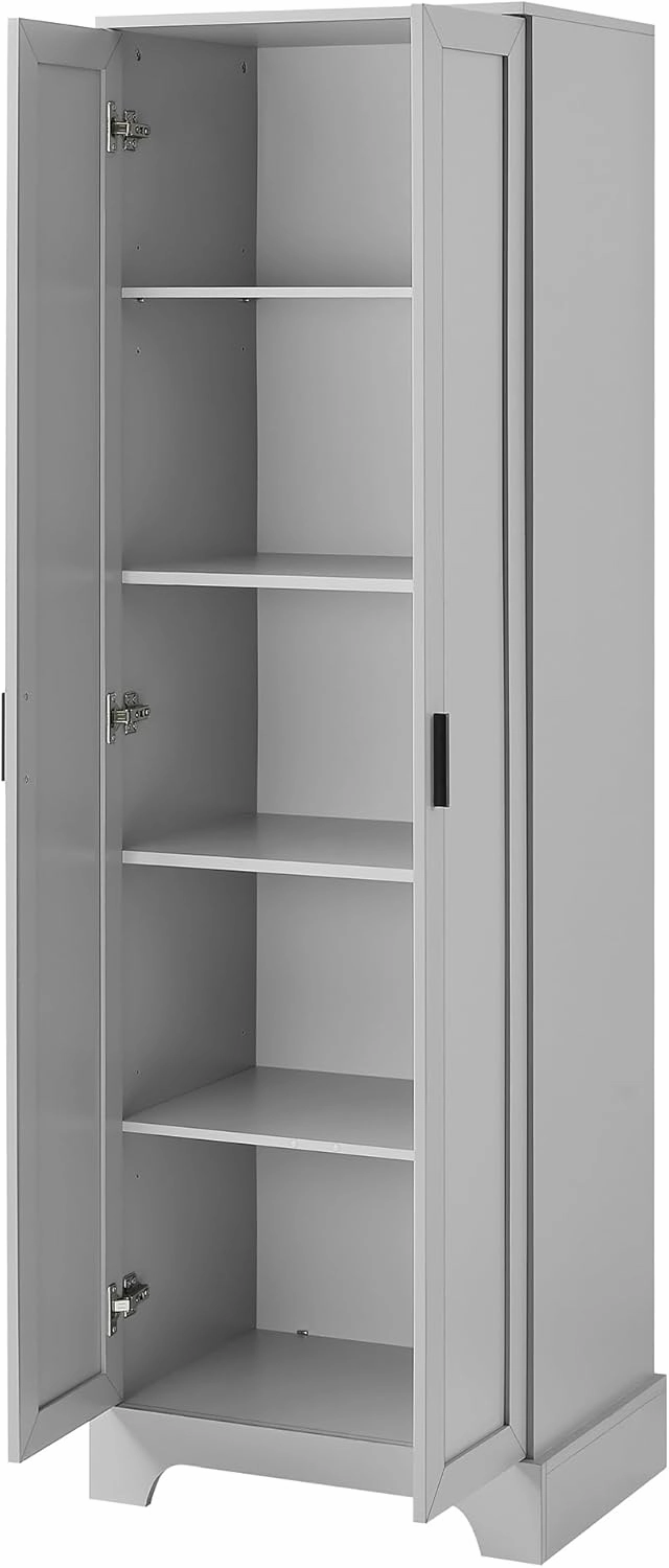 Tall Storage Cabinet, Bathroom Floor Freestanding Storage Cabinet with 2 Doors, 5 Shelves, and Adjustable Shelves for Bathroom, Office, Living Room, Grey