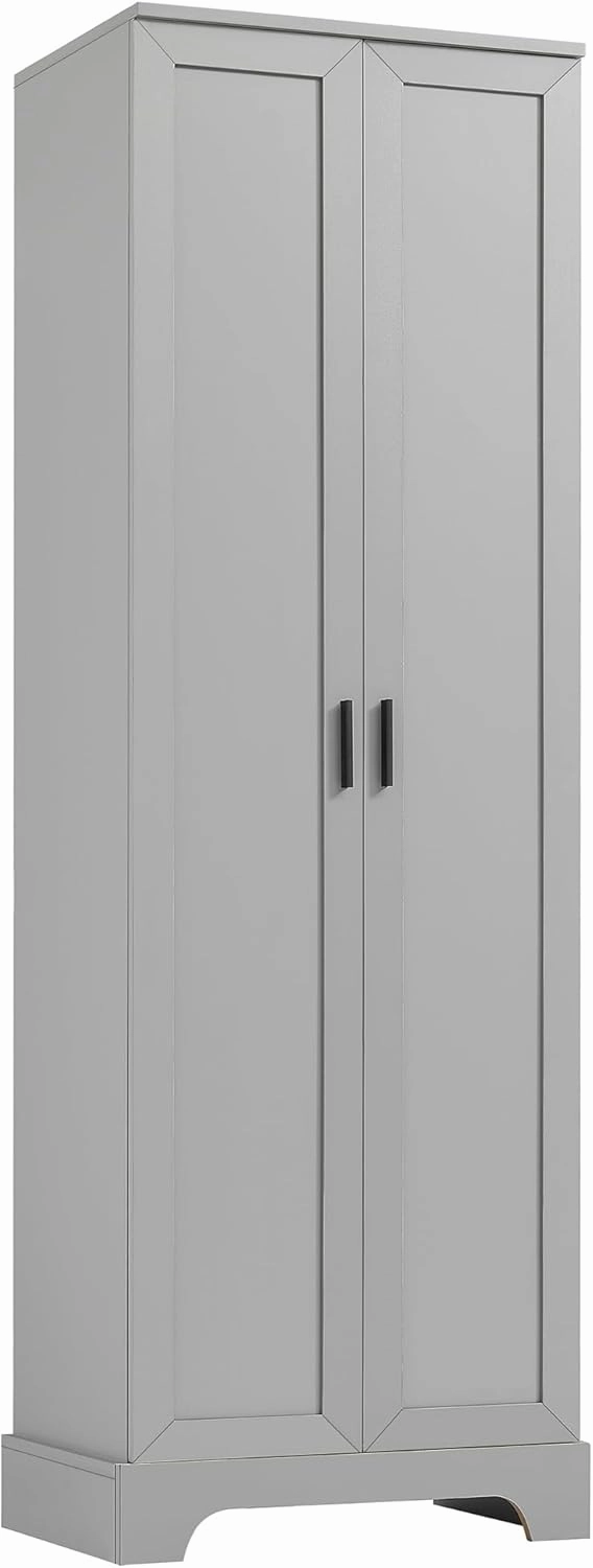Tall Storage Cabinet, Bathroom Floor Freestanding Storage Cabinet with 2 Doors, 5 Shelves, and Adjustable Shelves for Bathroom, Office, Living Room, Grey