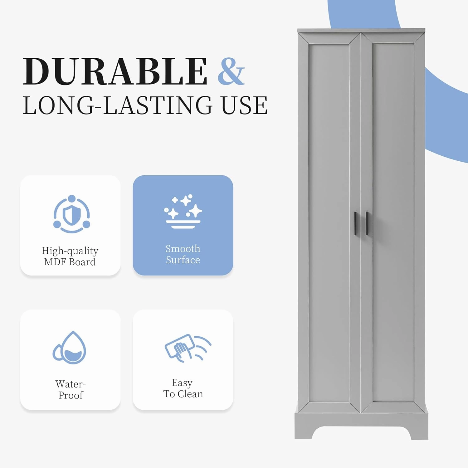 Tall Storage Cabinet, Bathroom Floor Freestanding Storage Cabinet with 2 Doors, 5 Shelves, and Adjustable Shelves for Bathroom, Office, Living Room, Grey