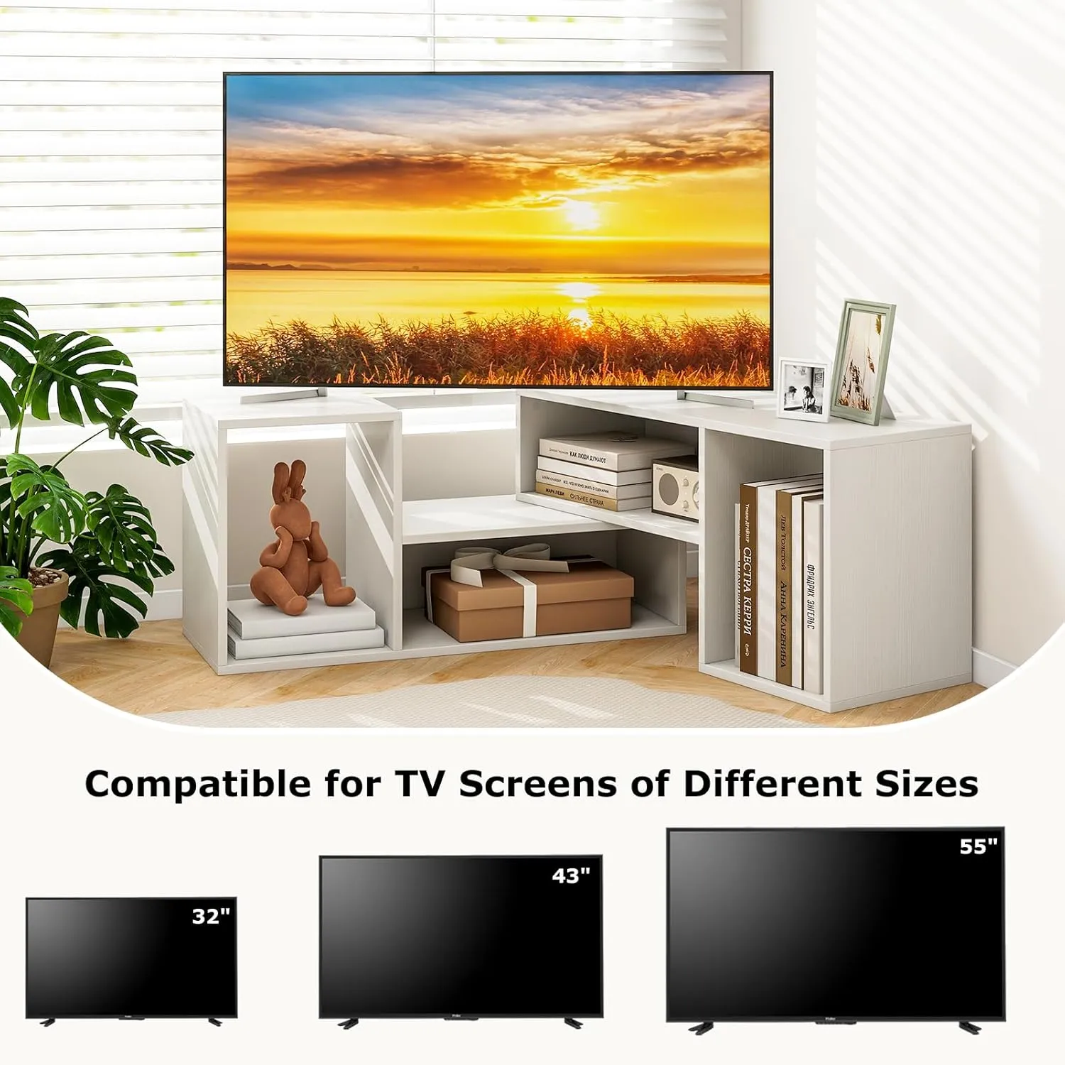 Tangkula 2 Pieces L-Shaped TV Stand, Free-Combination Entertainment Center for TVs up to 55 Inch, Modern TV Media Console Table with 4 Open Cubes, DIY Bookcase Shelf for Living Room (White, 2 pcs)