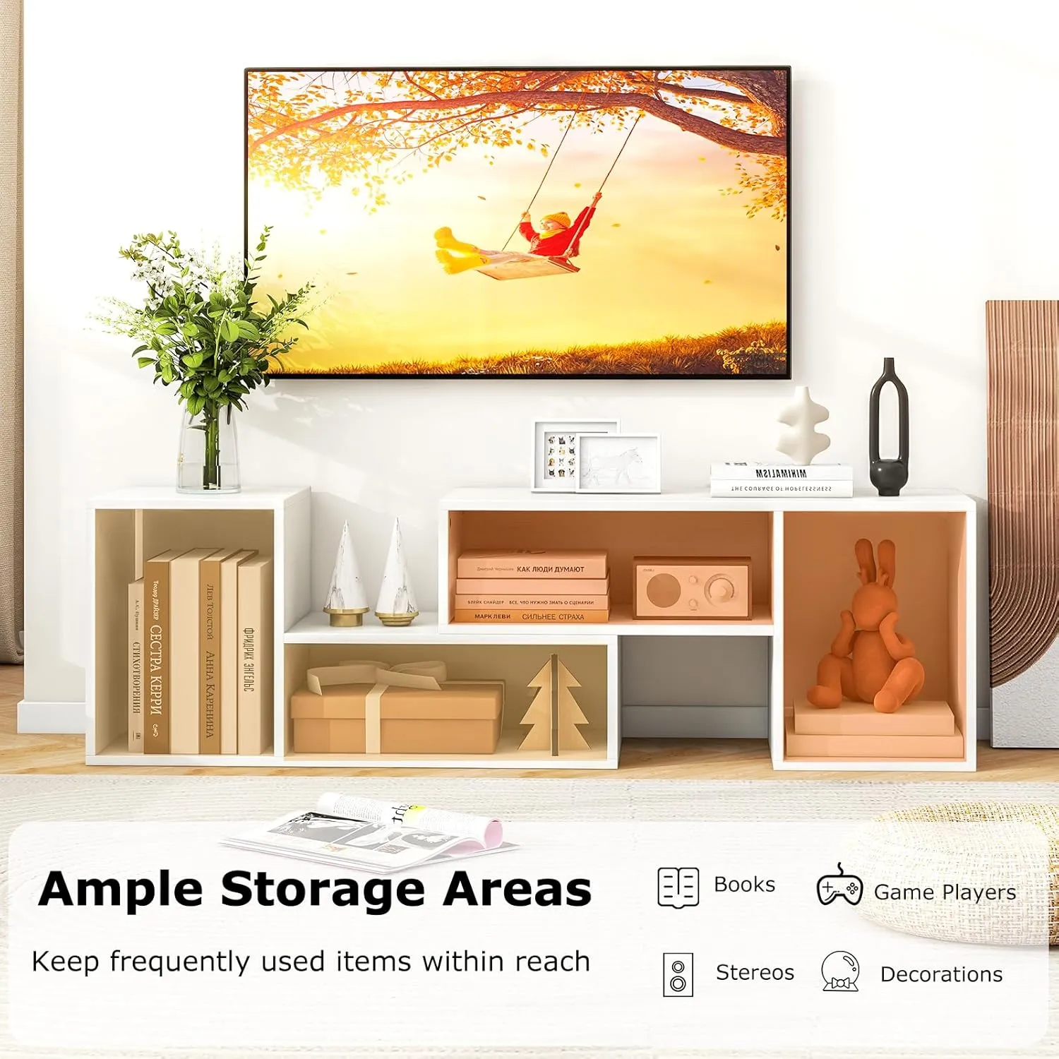 Tangkula 2 Pieces L-Shaped TV Stand, Free-Combination Entertainment Center for TVs up to 55 Inch, Modern TV Media Console Table with 4 Open Cubes, DIY Bookcase Shelf for Living Room (White, 2 pcs)