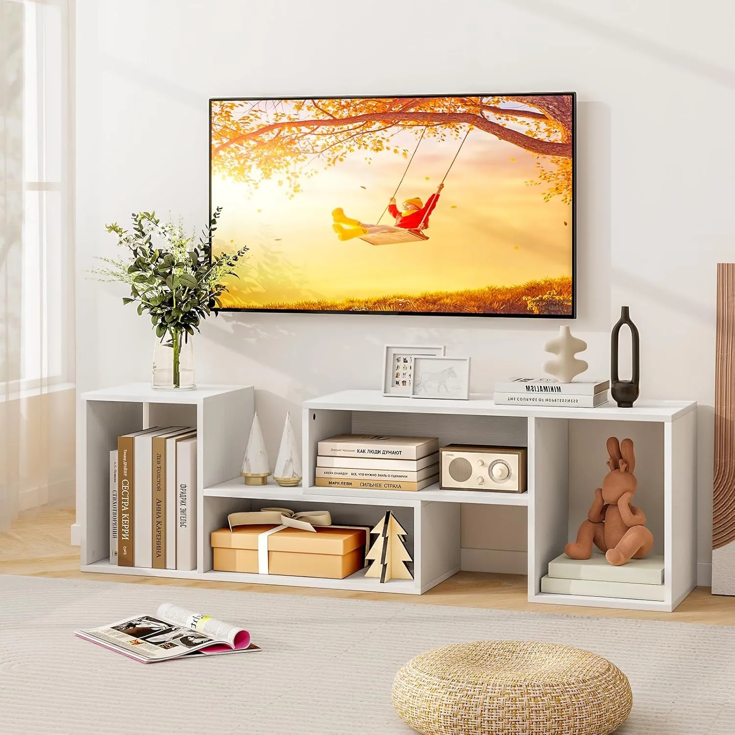 Tangkula 2 Pieces L-Shaped TV Stand, Free-Combination Entertainment Center for TVs up to 55 Inch, Modern TV Media Console Table with 4 Open Cubes, DIY Bookcase Shelf for Living Room (White, 2 pcs)