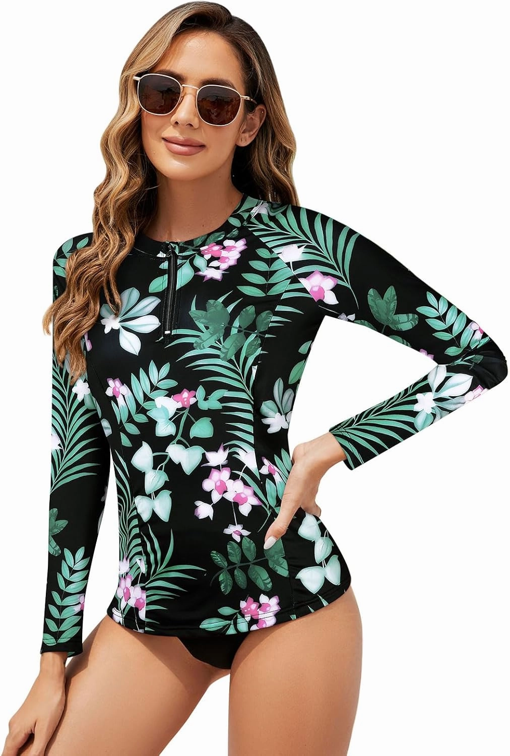 Tanst Sky Women's Rash Guard Swim Top Long Sleeve Bathing Suits UV Shirt Zipper Rashguard Swimsuit