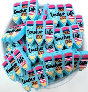Teacher Life Pencil Silicone Focal Beads, Quote Focal Beads