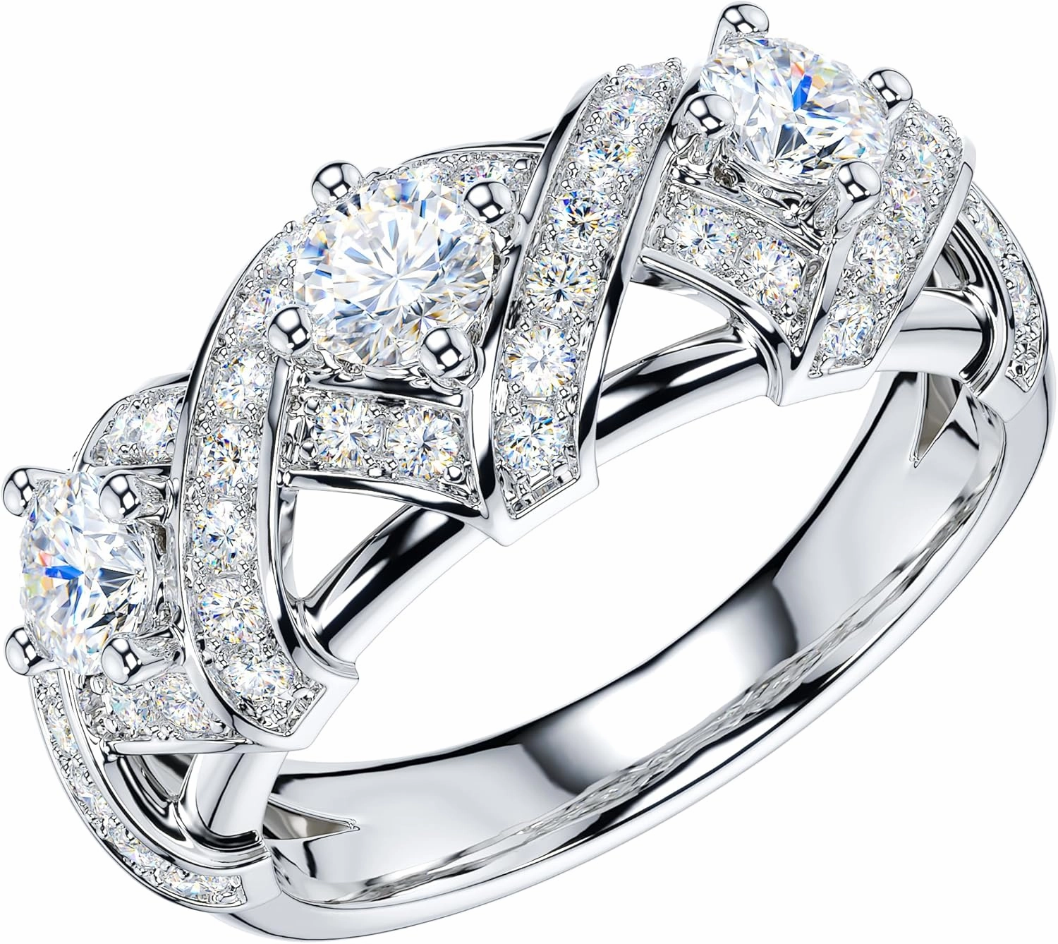 THELANDA Genuine Moissanite or Simulated Diamond Sterling Silver 3-Stone Vintage Luxury Crossover Crown Promise Ring Wedding Ring
