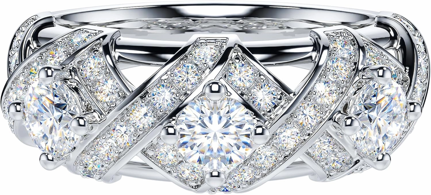 THELANDA Genuine Moissanite or Simulated Diamond Sterling Silver 3-Stone Vintage Luxury Crossover Crown Promise Ring Wedding Ring