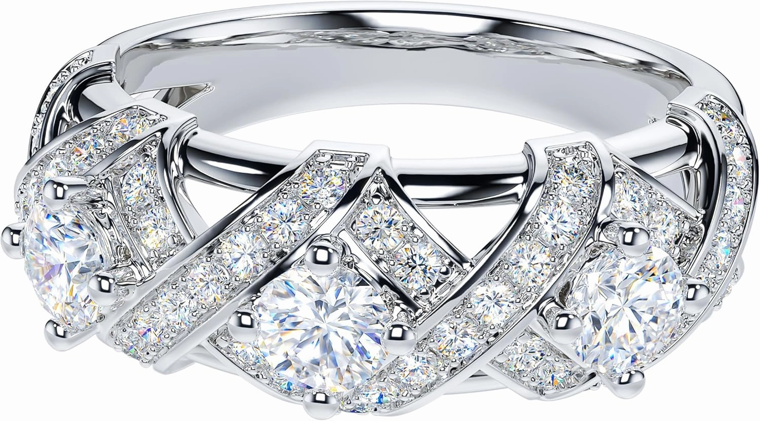 THELANDA Genuine Moissanite or Simulated Diamond Sterling Silver 3-Stone Vintage Luxury Crossover Crown Promise Ring Wedding Ring