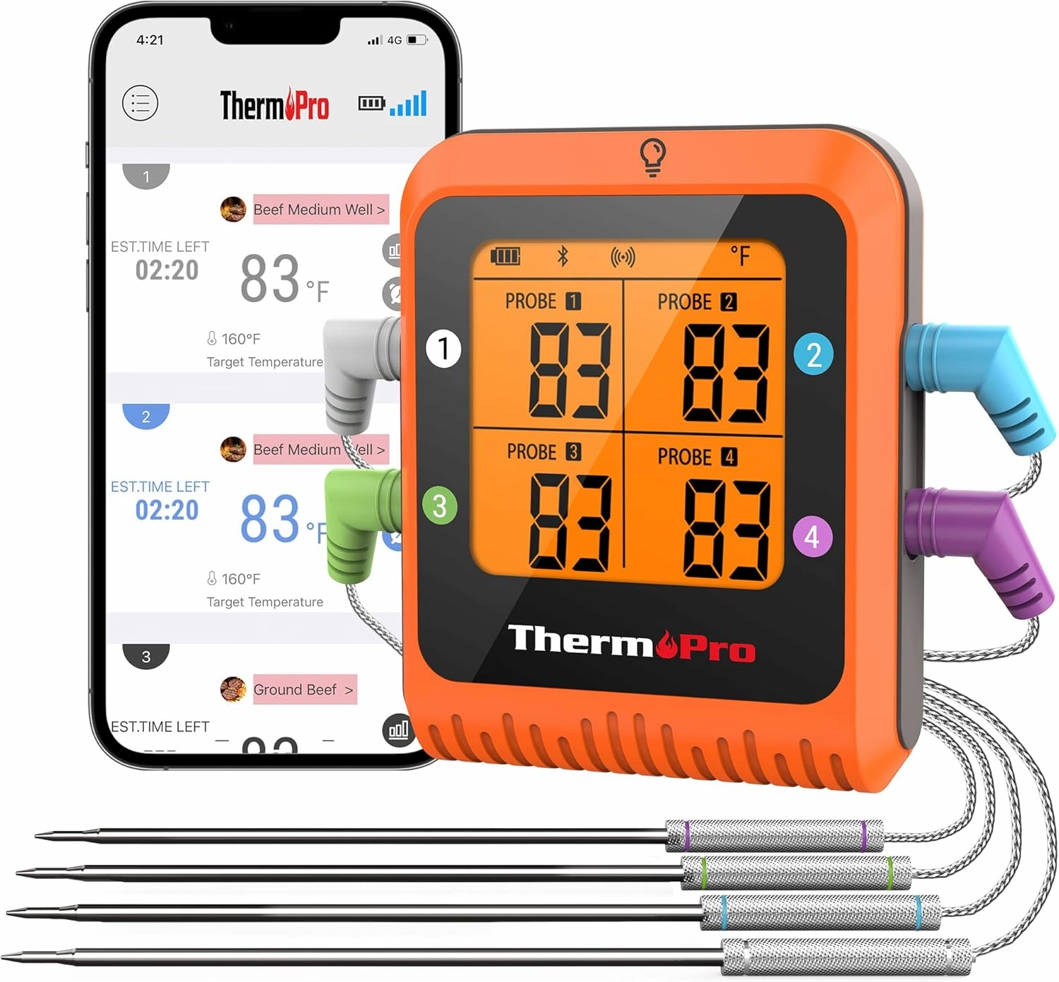 ThermoPro 650 ft Bluetooth Meat Thermometer with 4 Color-Coded Probes, Wireless Meat Thermometer Digital Wireless with Timer, Commercial Cooking Tools & Utensils Rechargeable, Fathers Day Gift for Him