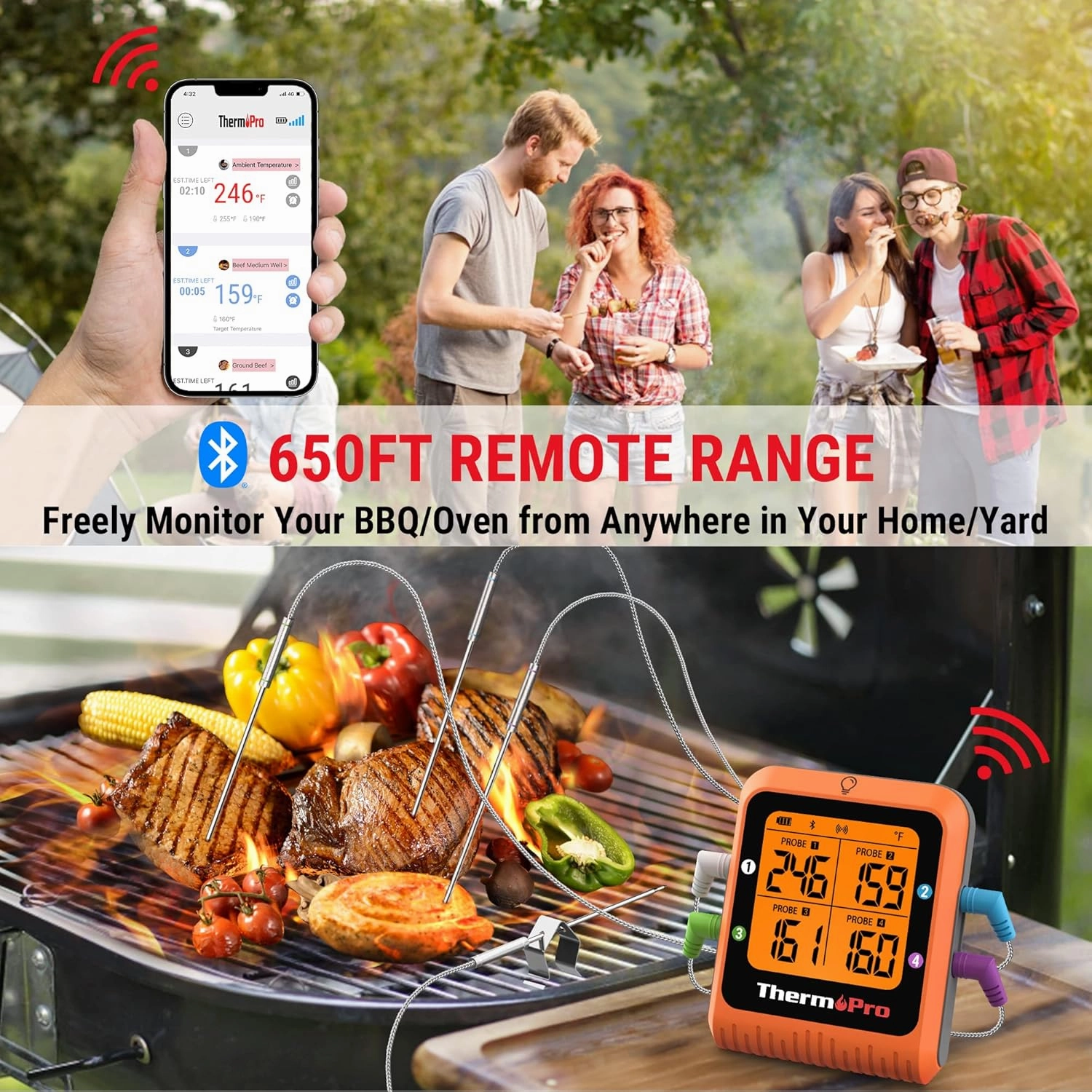 ThermoPro 650 ft Bluetooth Meat Thermometer with 4 Color-Coded Probes, Wireless Meat Thermometer Digital Wireless with Timer, Commercial Cooking Tools & Utensils Rechargeable, Fathers Day Gift for Him