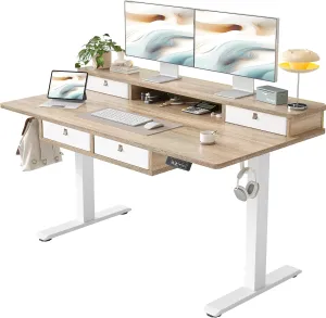 TIQLAB 55 * 28 Inch Standing Desk with Four Drawers, Stand Up Standing Desk Adjustable Height, Electric Sit Stand Table with Storage Shelf and Splice Board, Maple