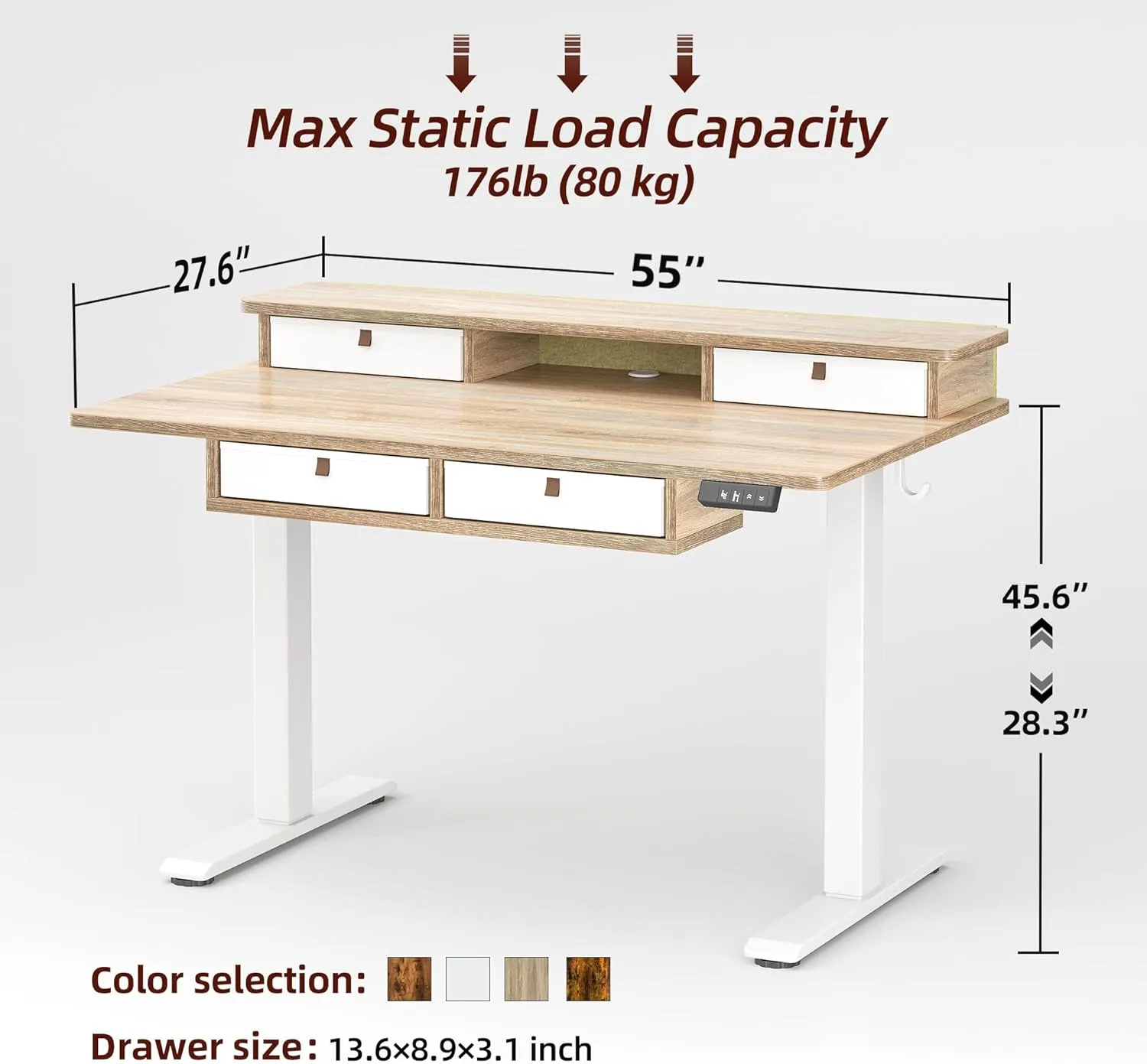 TIQLAB 55 * 28 Inch Standing Desk with Four Drawers, Stand Up Standing Desk Adjustable Height, Electric Sit Stand Table with Storage Shelf and Splice Board, Maple