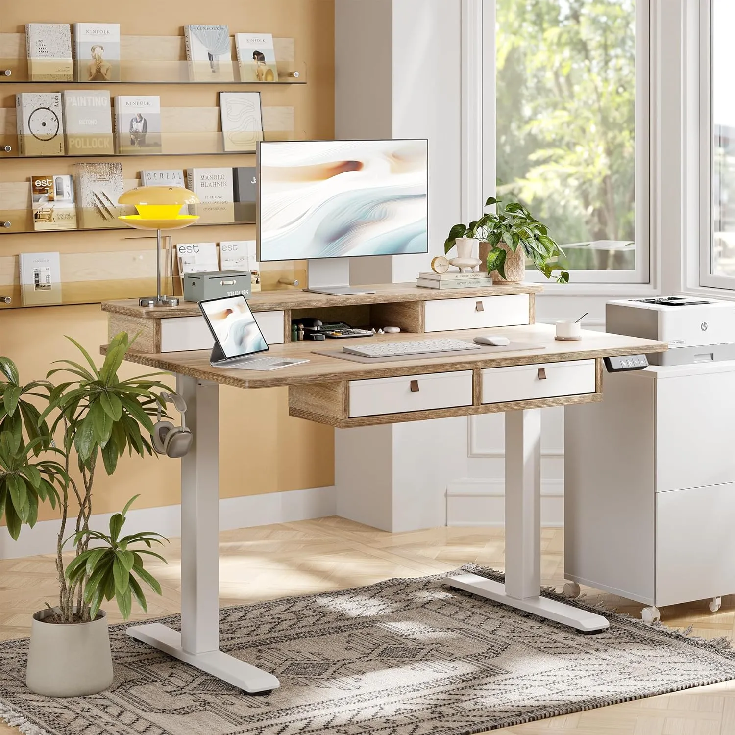 TIQLAB 55 * 28 Inch Standing Desk with Four Drawers, Stand Up Standing Desk Adjustable Height, Electric Sit Stand Table with Storage Shelf and Splice Board, Maple