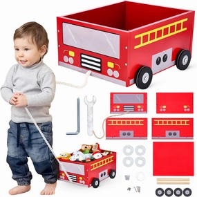 Toddler Wagon Toy - Fire Truck Cart - Wooden Brown Pull Along Cart - Rolling Book Cart for Kids to Carry Toys and Books - Craft Cart Enhances Fine Motor and Developmental Skills