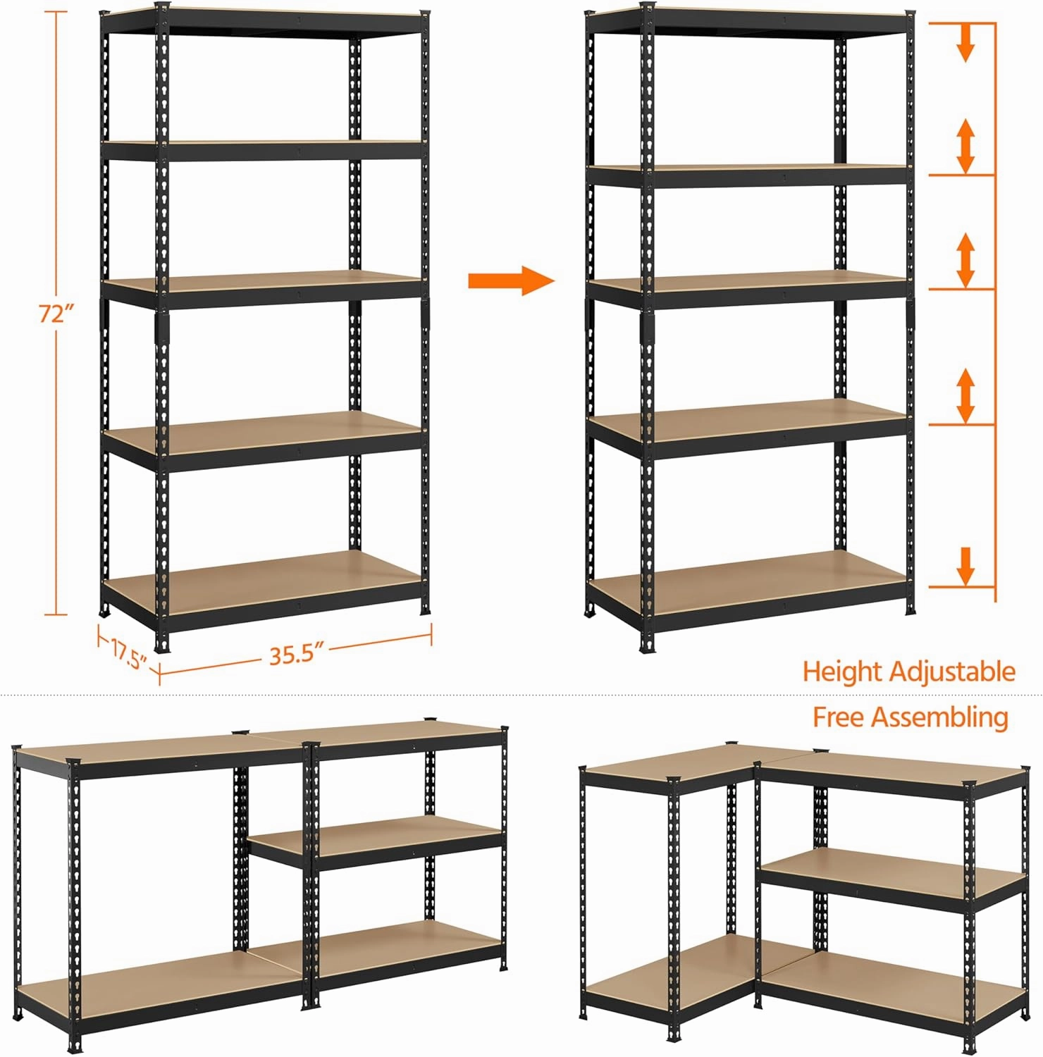 Topeakmart 5-Tier Utility Shelves, Metal Storage Shelves Garage Shelving Unit Adjustable Garage Storage Shelves Storage Racks Heavy Duty Shed Shelving- Black, 35.5 x 17.5 x 72 Inch