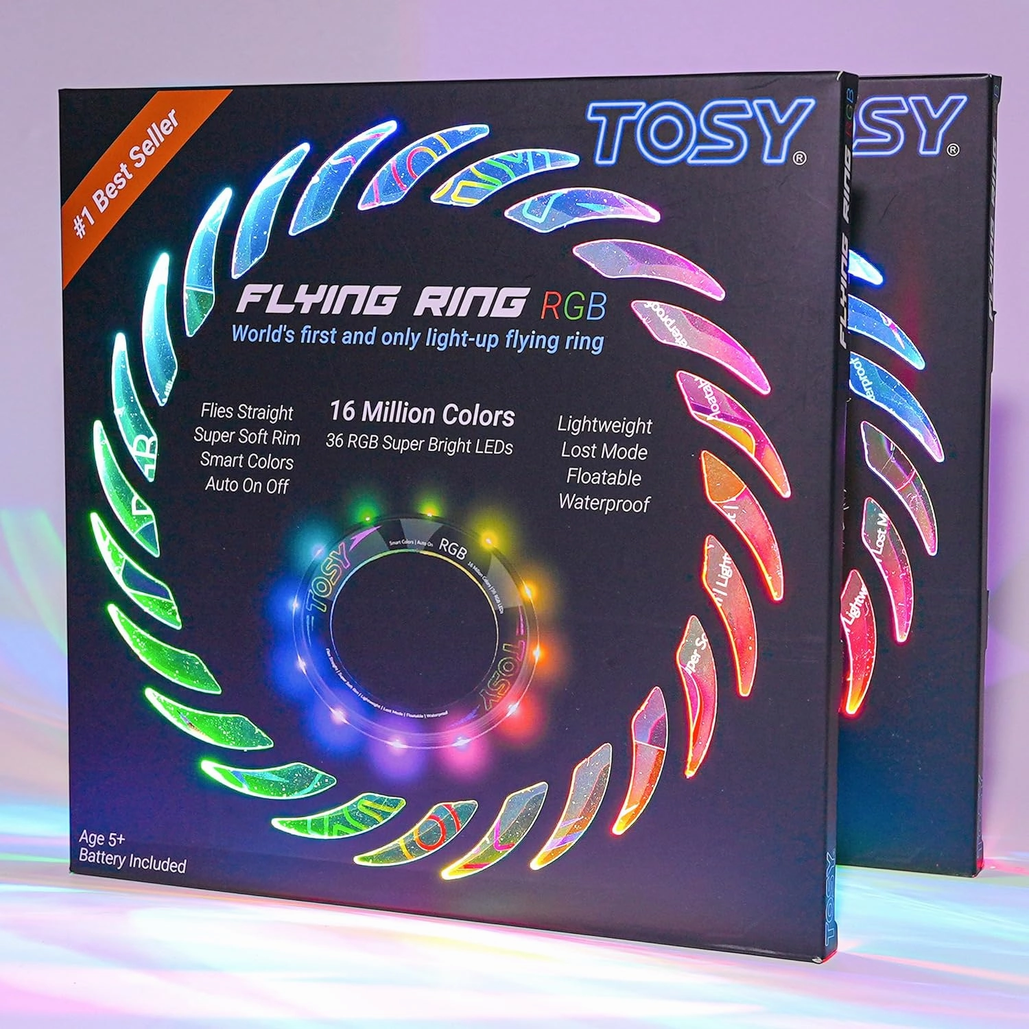 TOSY Flying Ring - 16 Million Color RGB LEDs or 12 LEDs, Super Bright, Lost Mode, Auto Light Up, Camping Essentials for Kids/Teens/Boy/Girl, Safe & Soft, Waterproof, Pool/Beach Games, Lightweight Toy