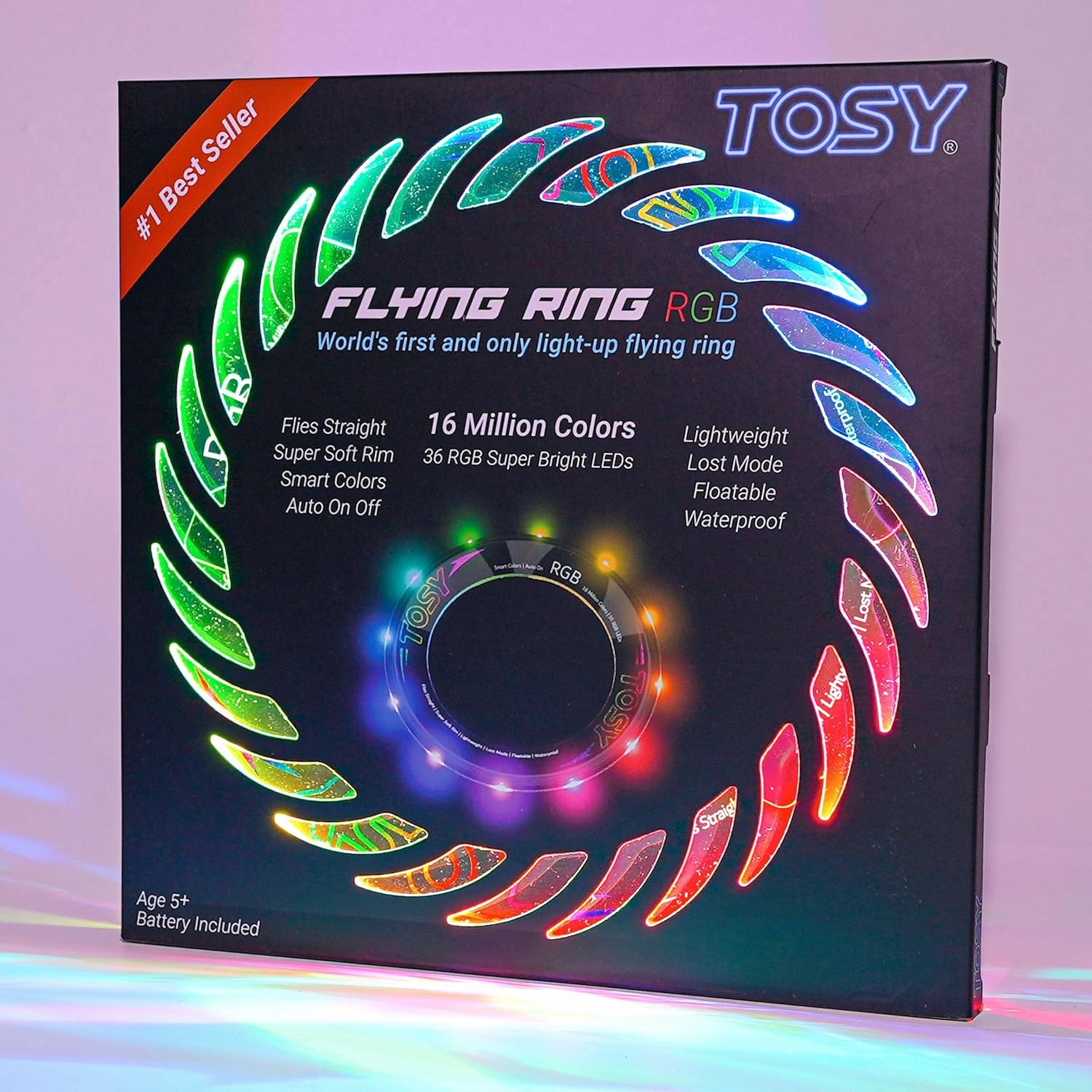 TOSY Flying Ring - 16 Million Color RGB or 12 LEDs, Super Bright, Lost Mode, Auto Light Up, 4th of July Camping Essentials for Kids/Teens/Boy/Girl, Safe, Waterproof, Pool/Beach Games, Lightweight Toy